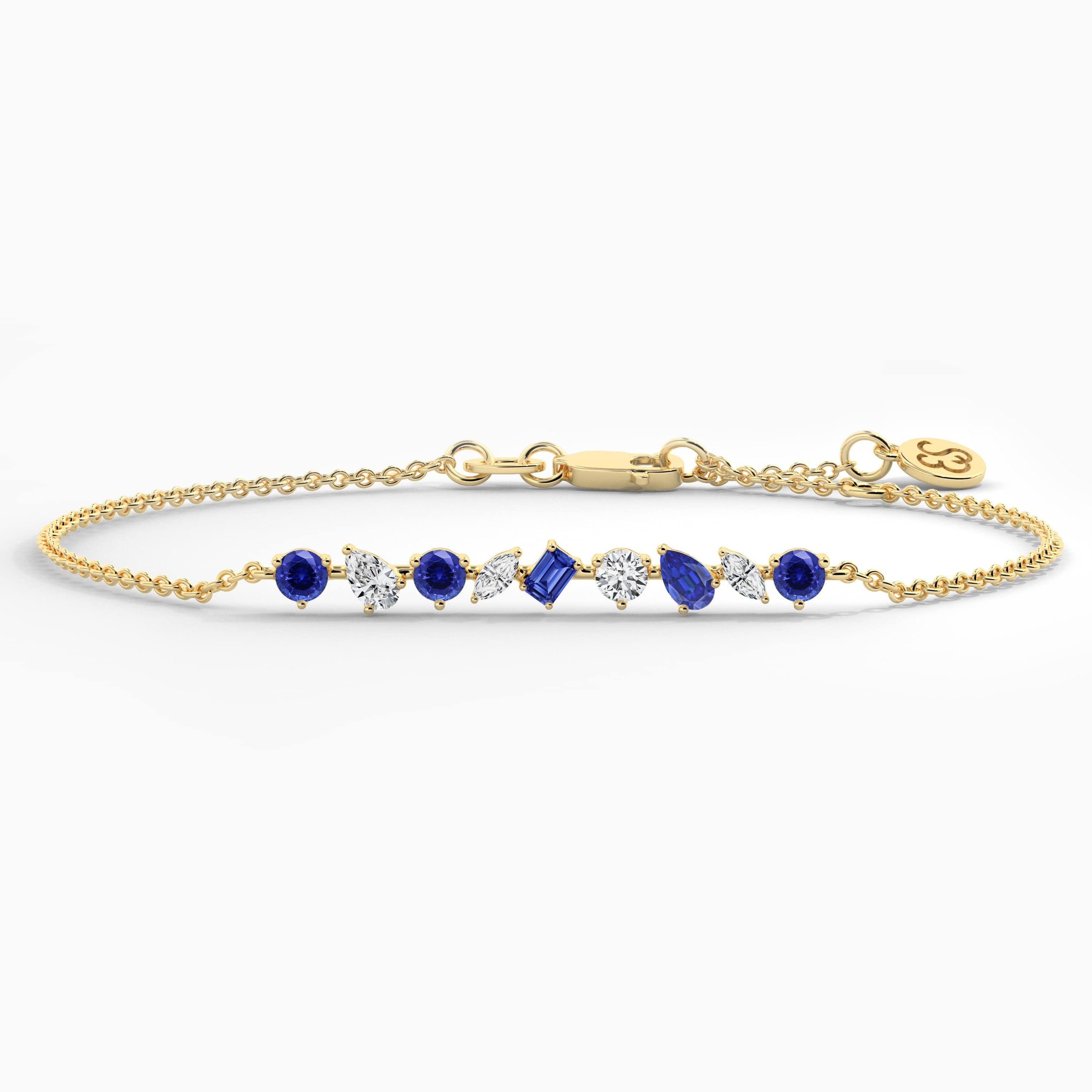 Multi Shape Blue Sapphire And White Diamond Chain Bracelet in Yellow Gold 