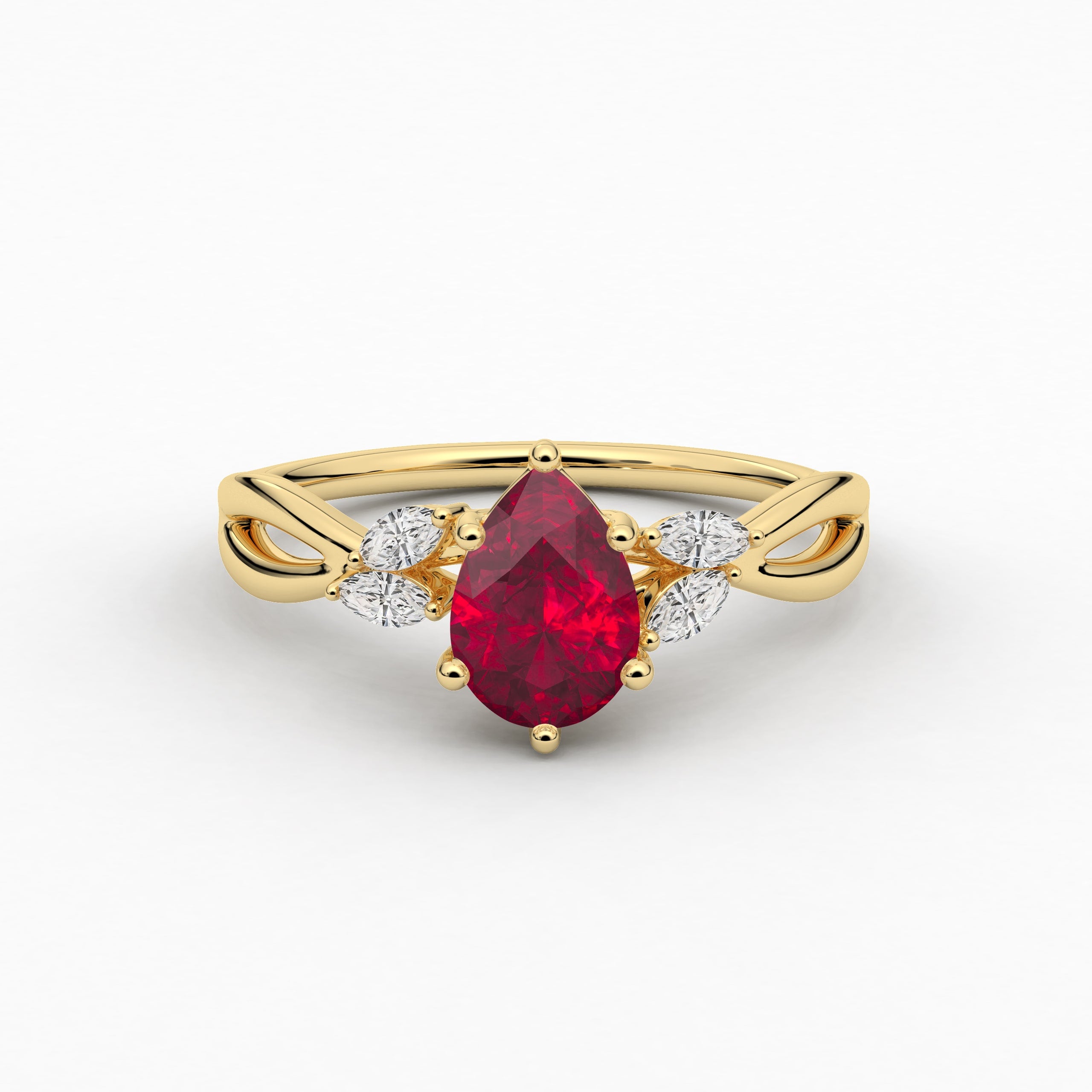 Nature Inspired Engagement Ring In Pear Shape Ruby Diamond In Yellow Gold For Woman 