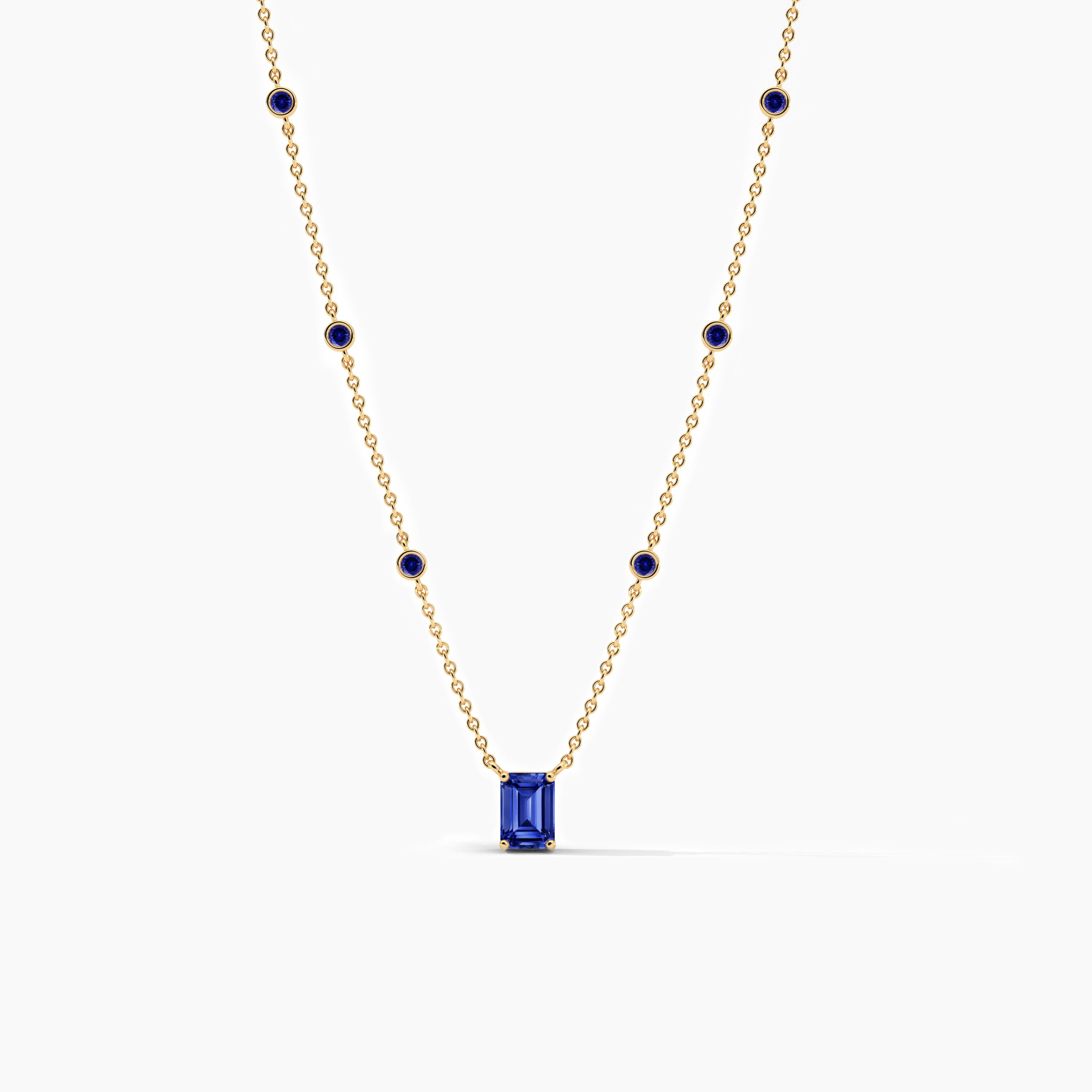 Round Shape Blue Sapphire Diamond Station Necklace