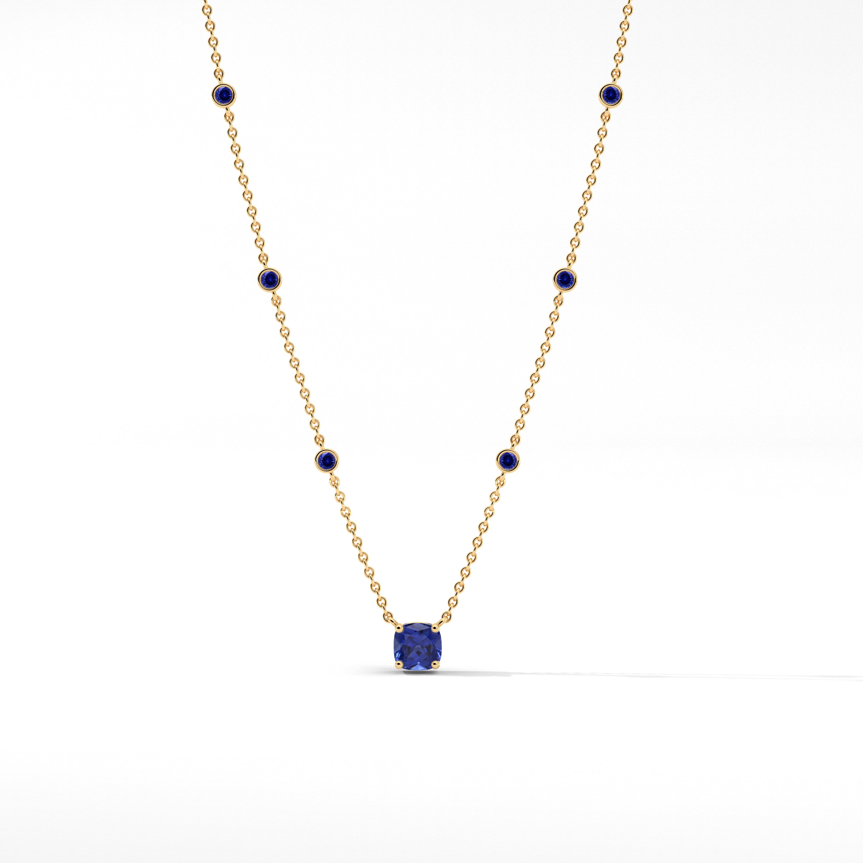 Round Shape Blue Sapphire Diamond Station Necklace