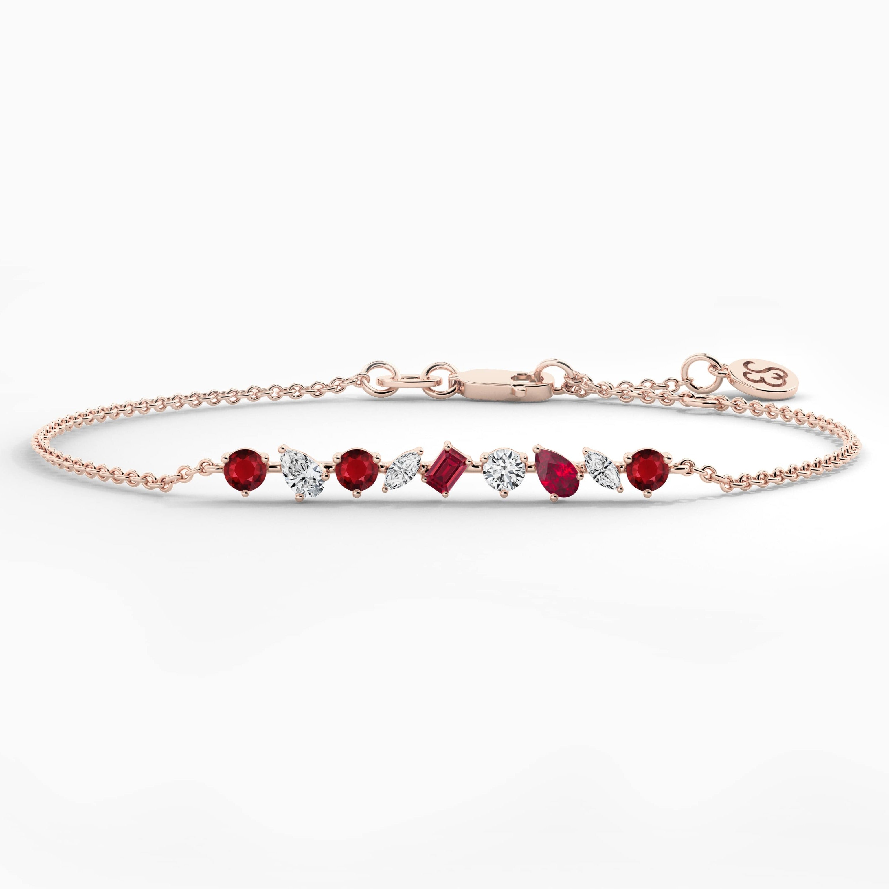 Multi Shape Ruby And White Diamond Chain Bracelet In Rose Gold 