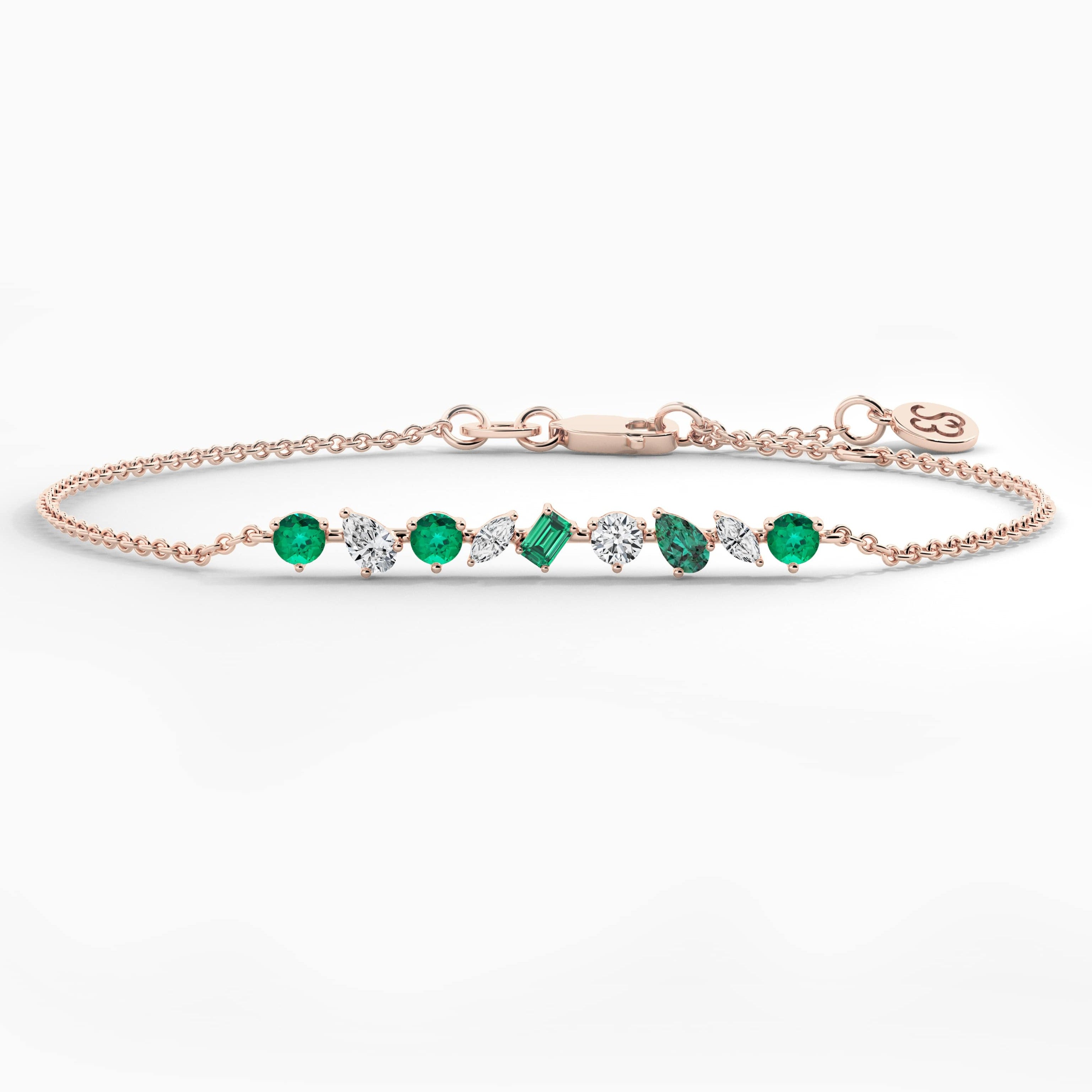 rose gold multi shape emerald and white diamond chain bracelet 
