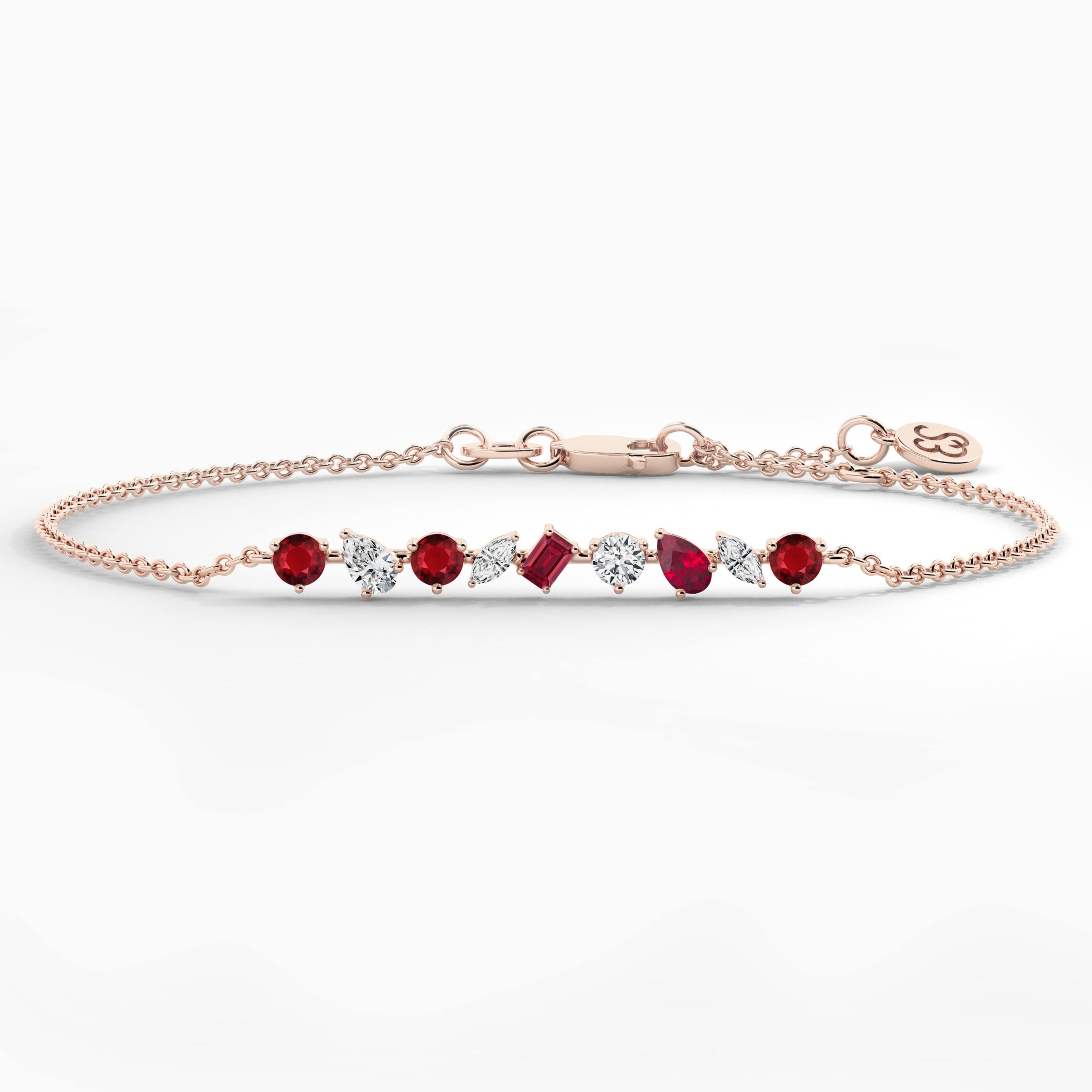 Multi Shape Ruby And White Diamond Chain Bracelet In Rose Gold 
