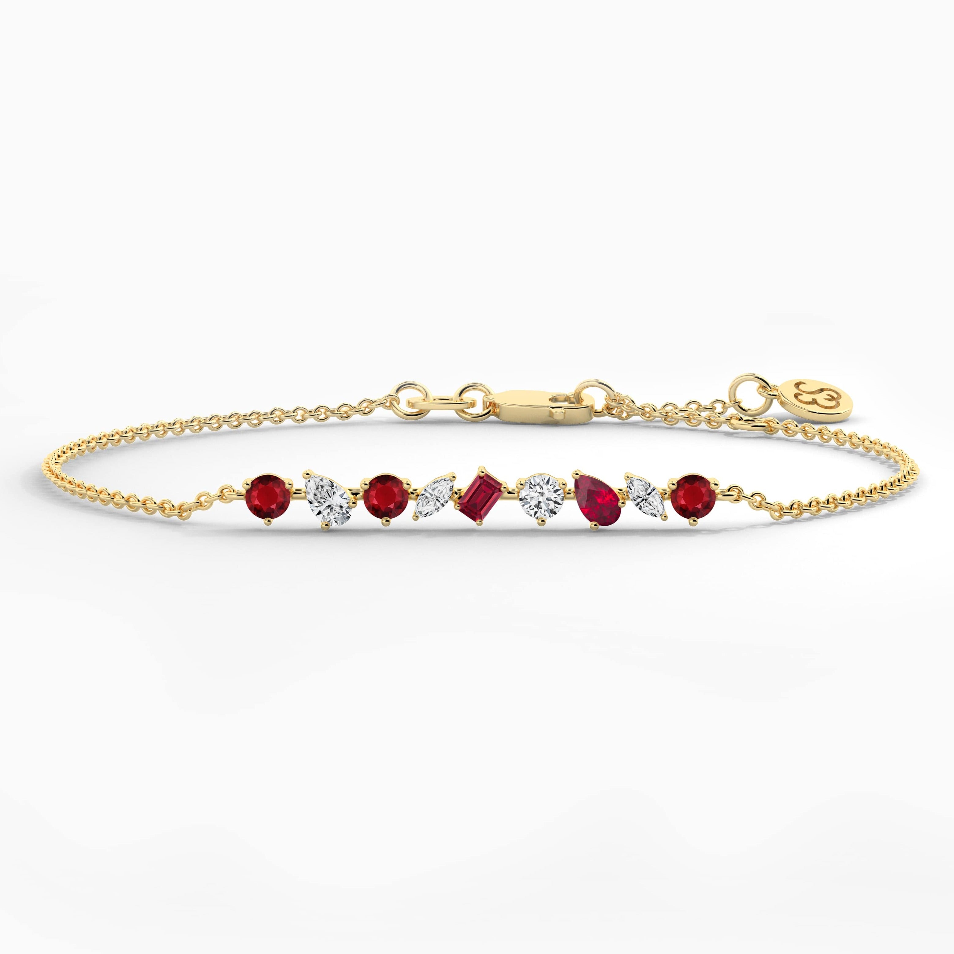 Multi Shape Ruby And White Diamond Cable Chain Bracelet In Yellow Gold 