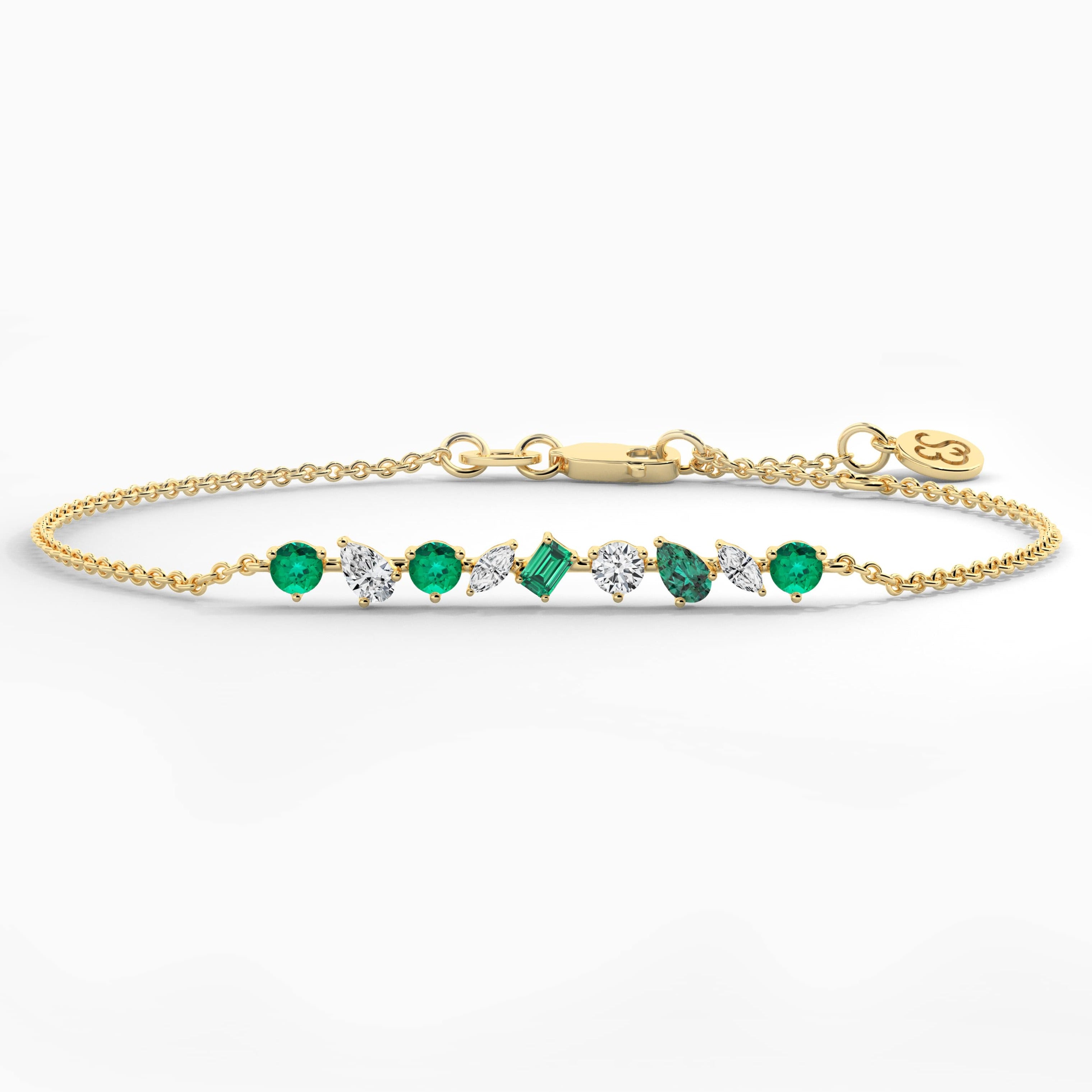 Multi Shape Emerald And White Diamond Chain Bracelet In Yellow Gold