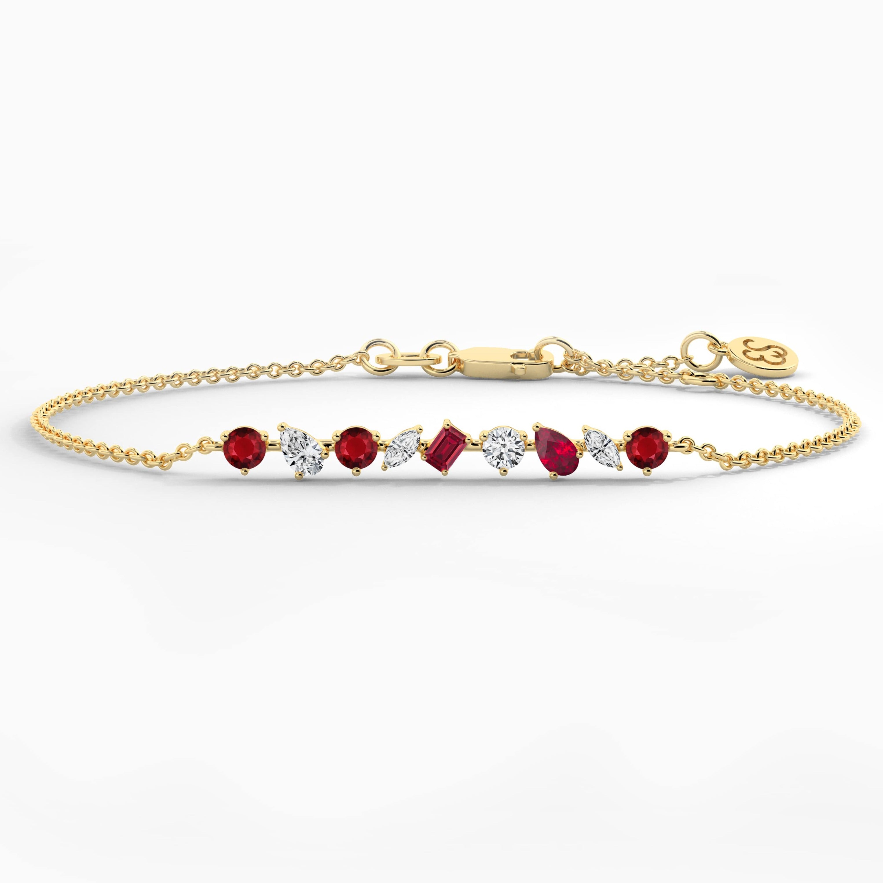 Multi Shape Ruby And White Diamond Cable Chain Bracelet In Yellow Gold 