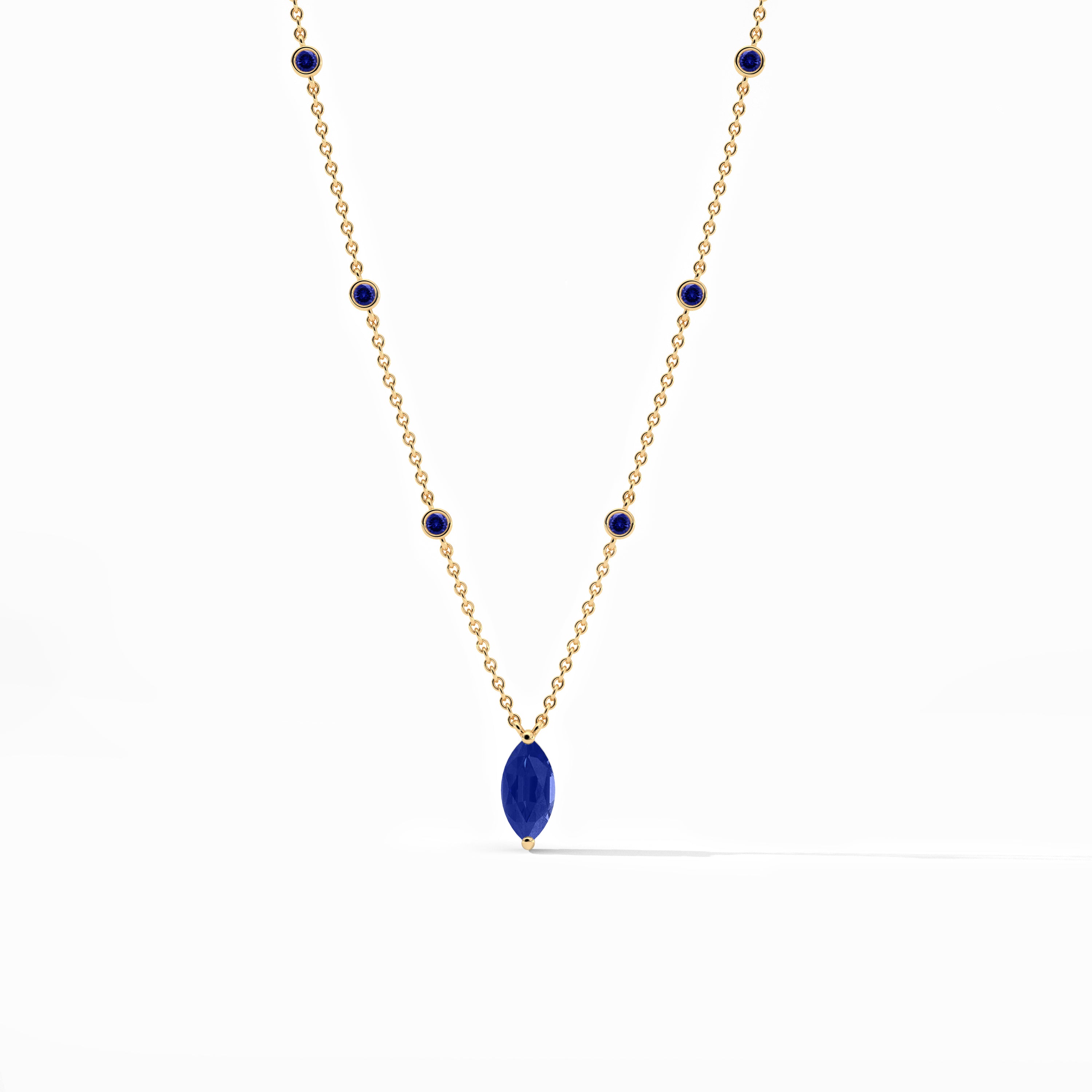 Round Shape Blue Sapphire Diamond Station Necklace