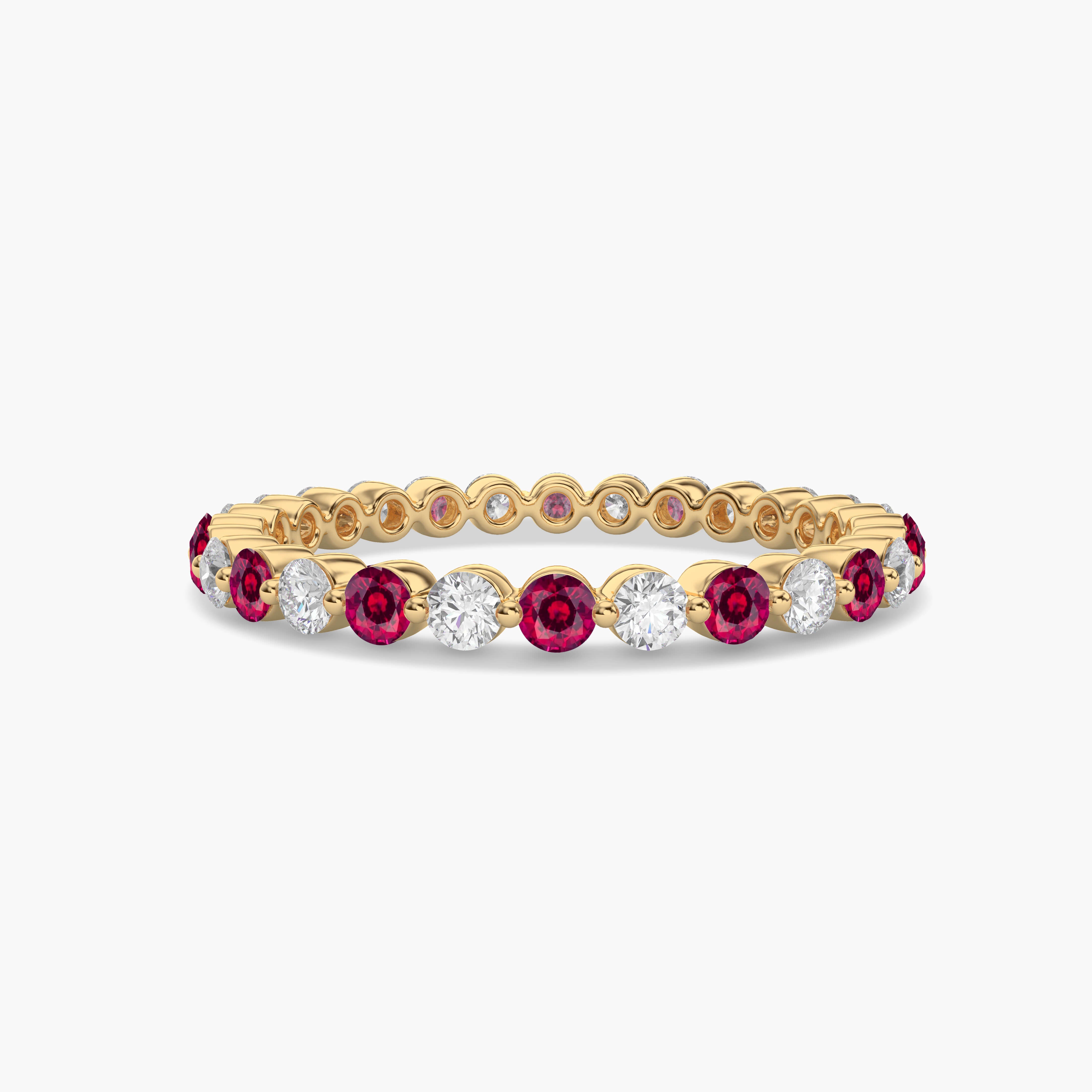 Round-Cut Diamond Eternity Band with Red Ruby in Yellow Gold