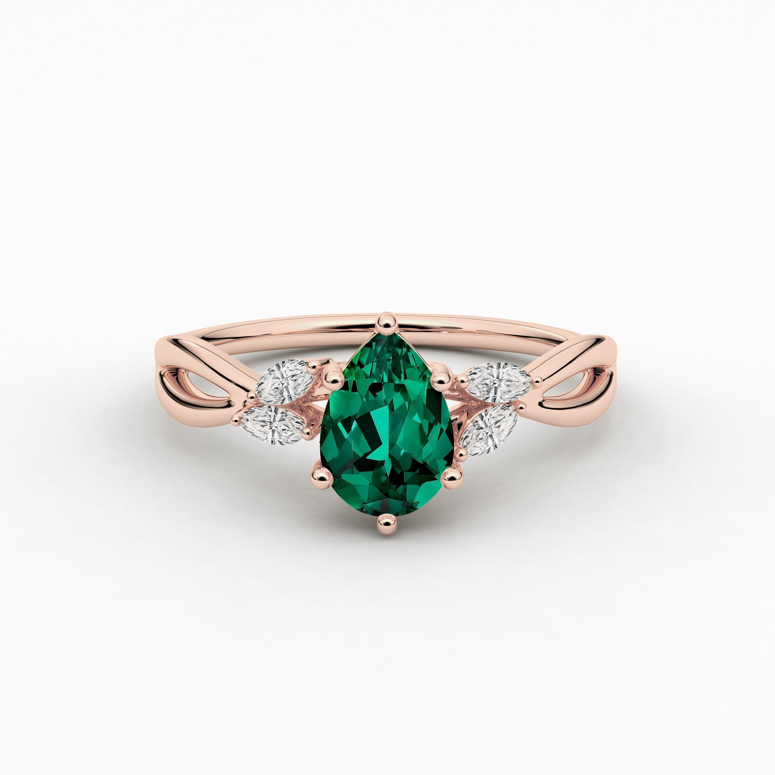  Pear Cut Green Emerald Moissanite Diamond Cut Nature Inspired Engagement Ring In Rose  Gold