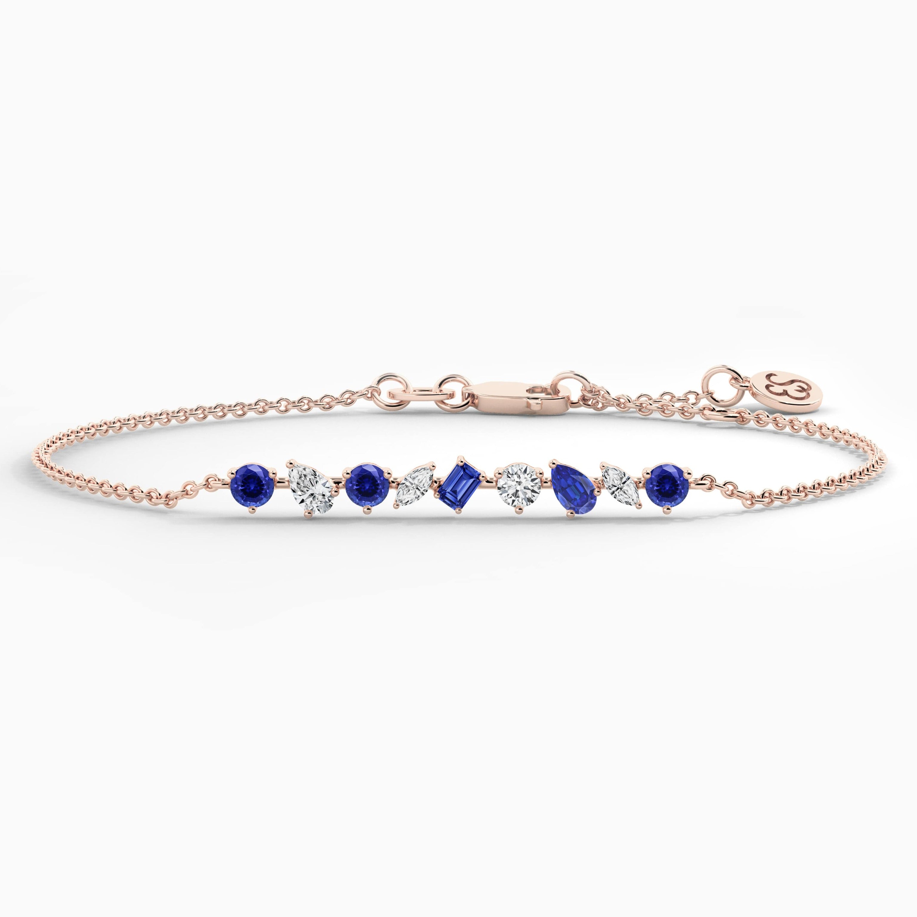 rose gold multi shape blue sapphire diamond chain bracelet 