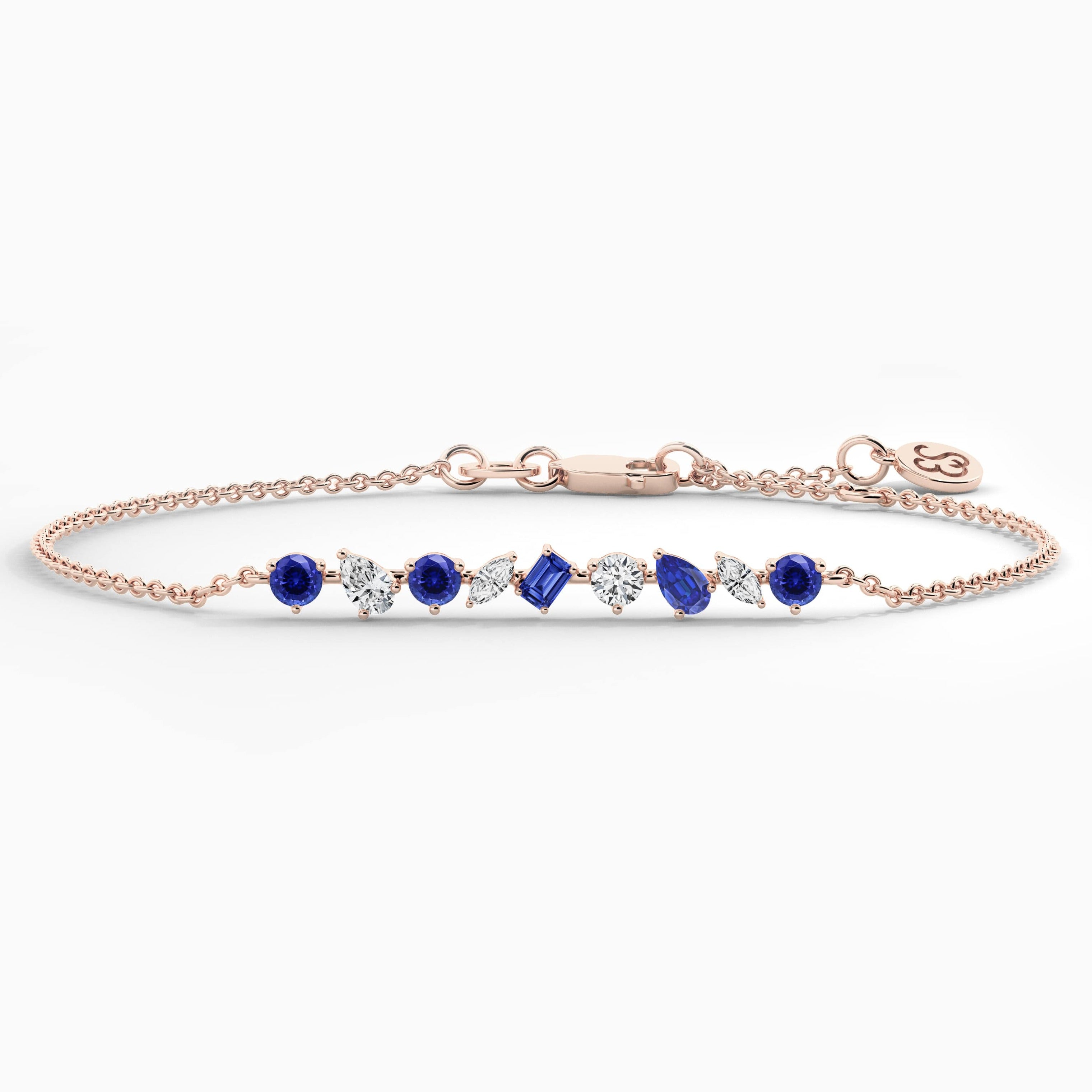 rose gold multi shape blue sapphire diamond chain bracelet 