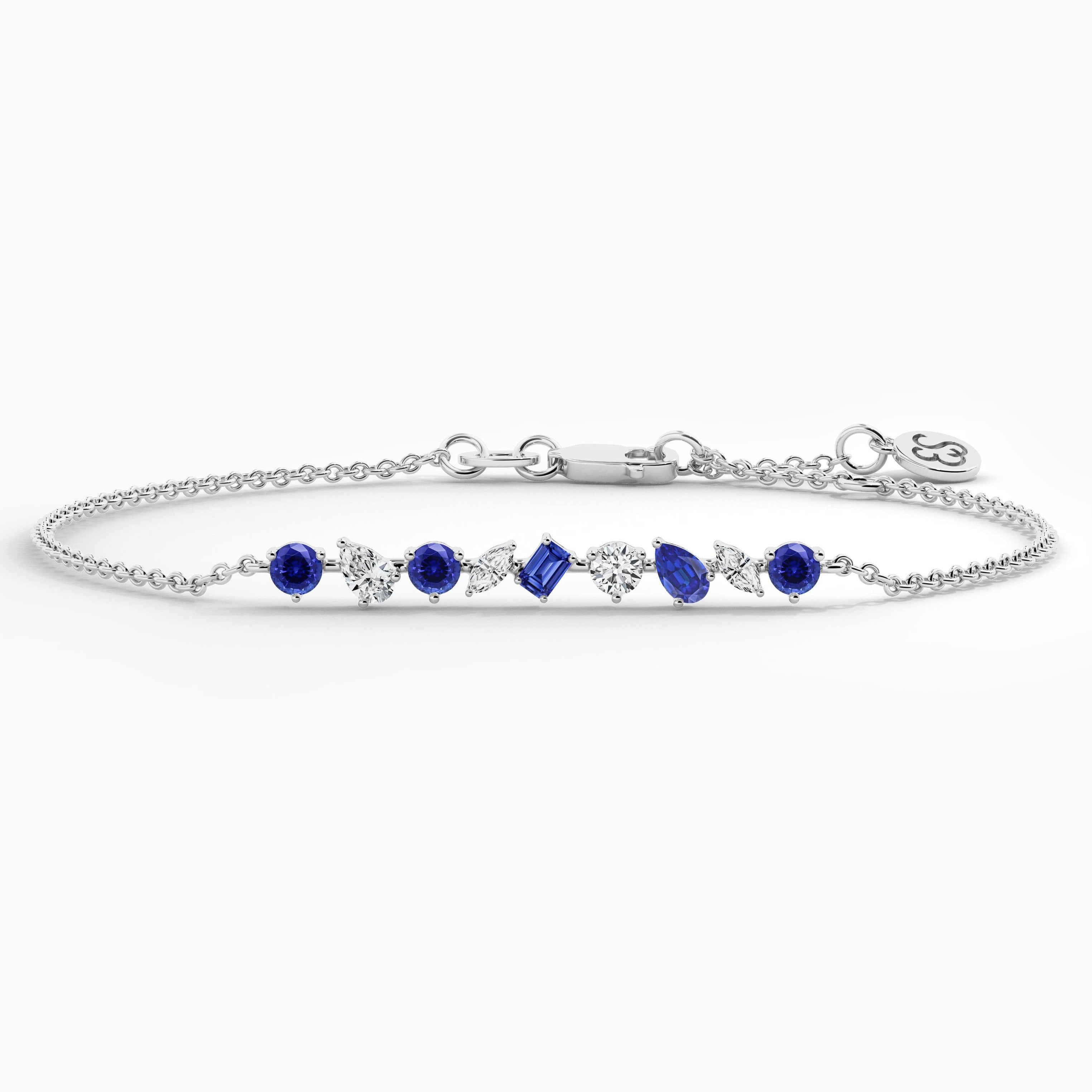 Multi Shape White And Blue Sapphire Diamond Chain Bracelet In White Gold 