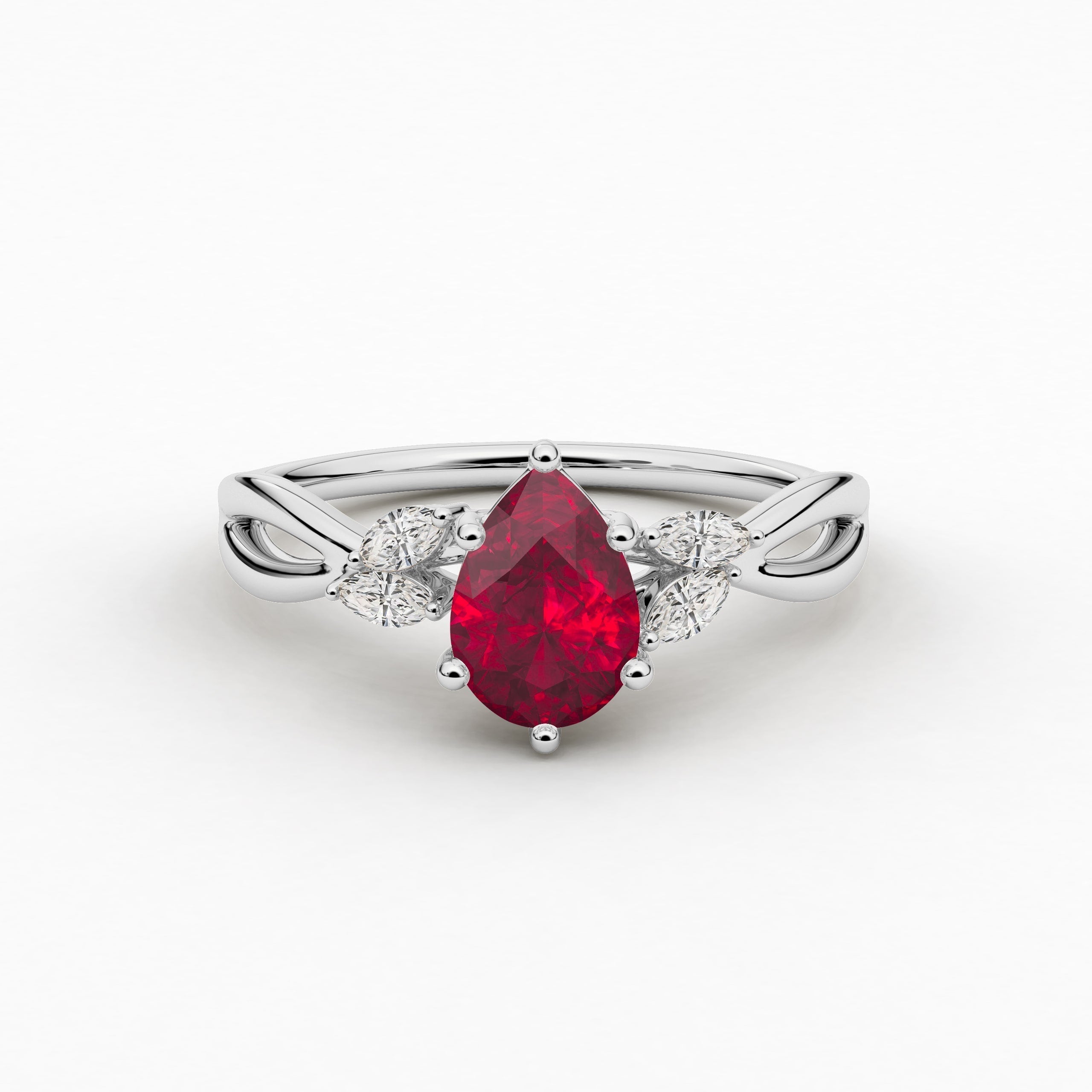 Pear Cut Ruby Moissanite Diamond Engagement Ring In Nature Inspired In White Gold 