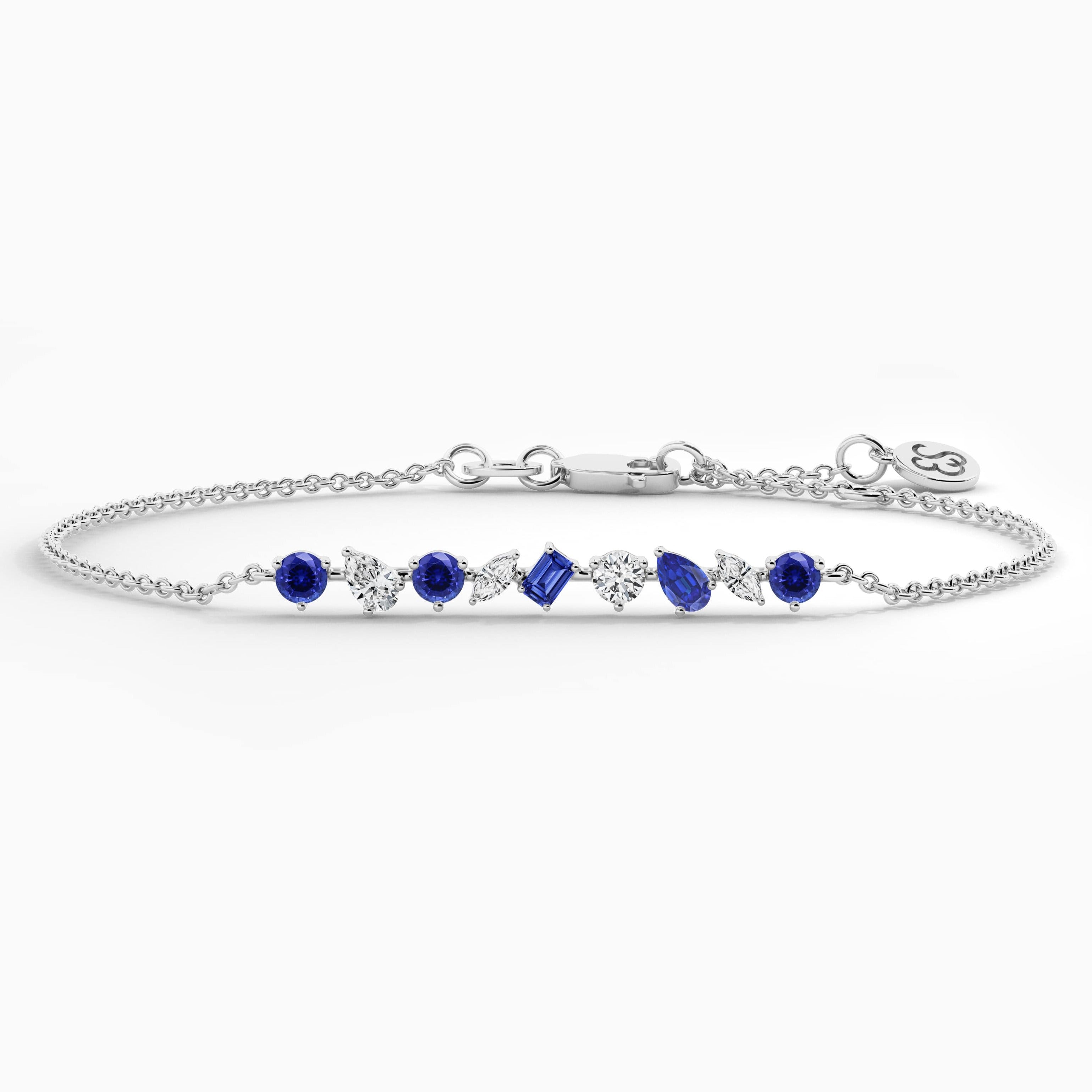 Multi Shape White And Blue Sapphire Diamond Chain Bracelet In White Gold 