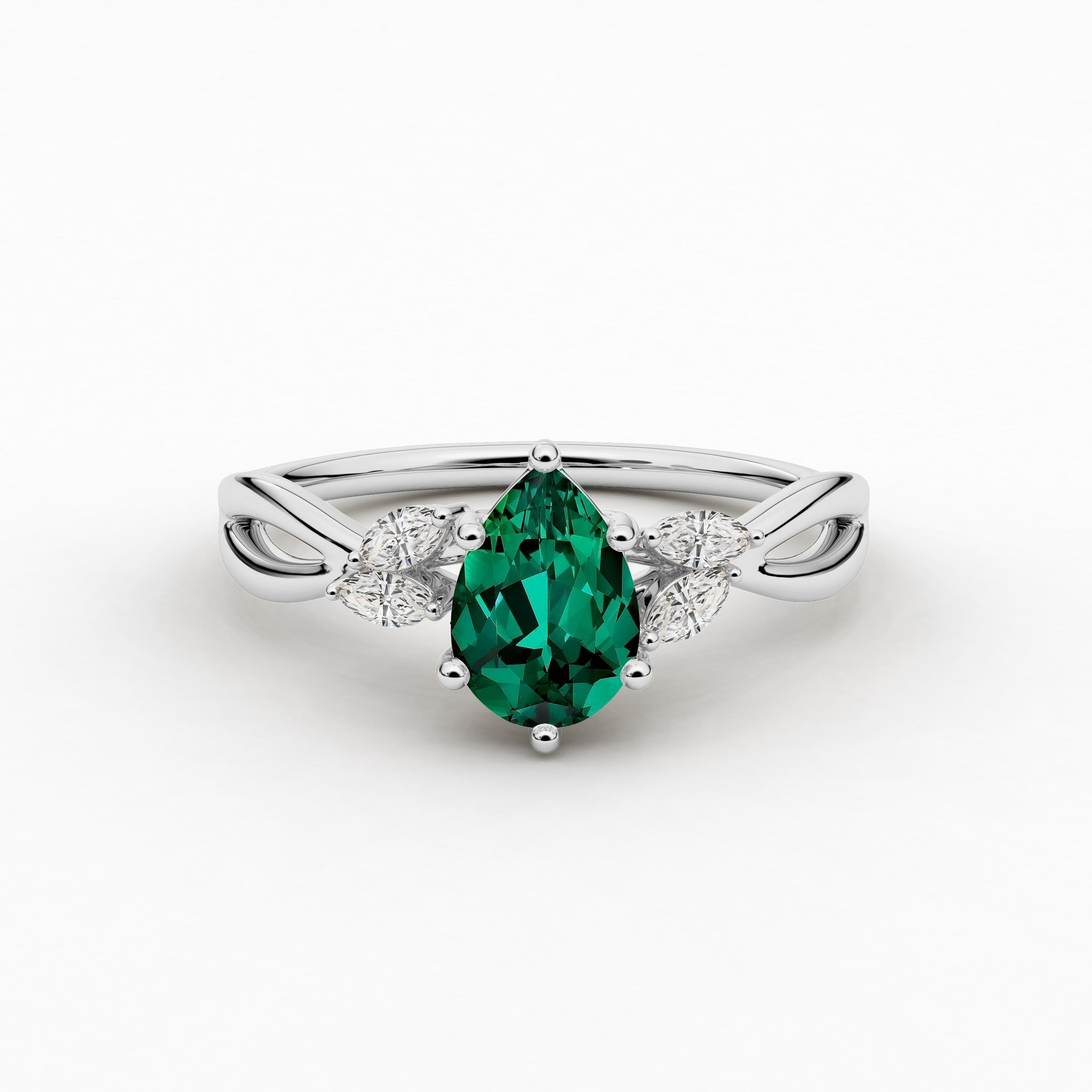 White Gold Pear Cut Green Emerald Lab Grown Diamond Nature Inspired Engagement Ring For Woman