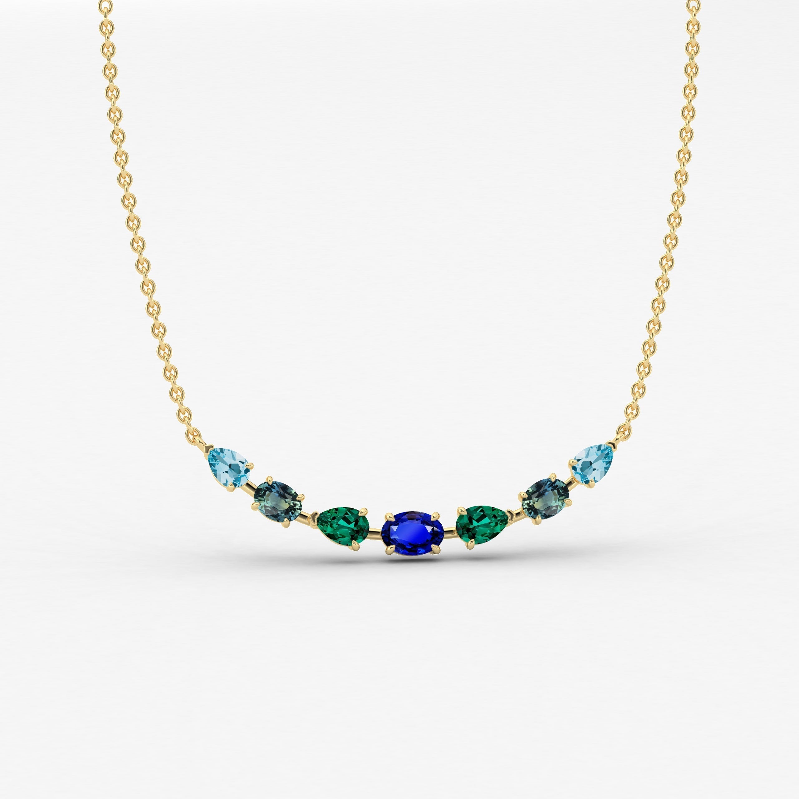 Blue sapphire and London topaz gemstone necklace in yellow gold