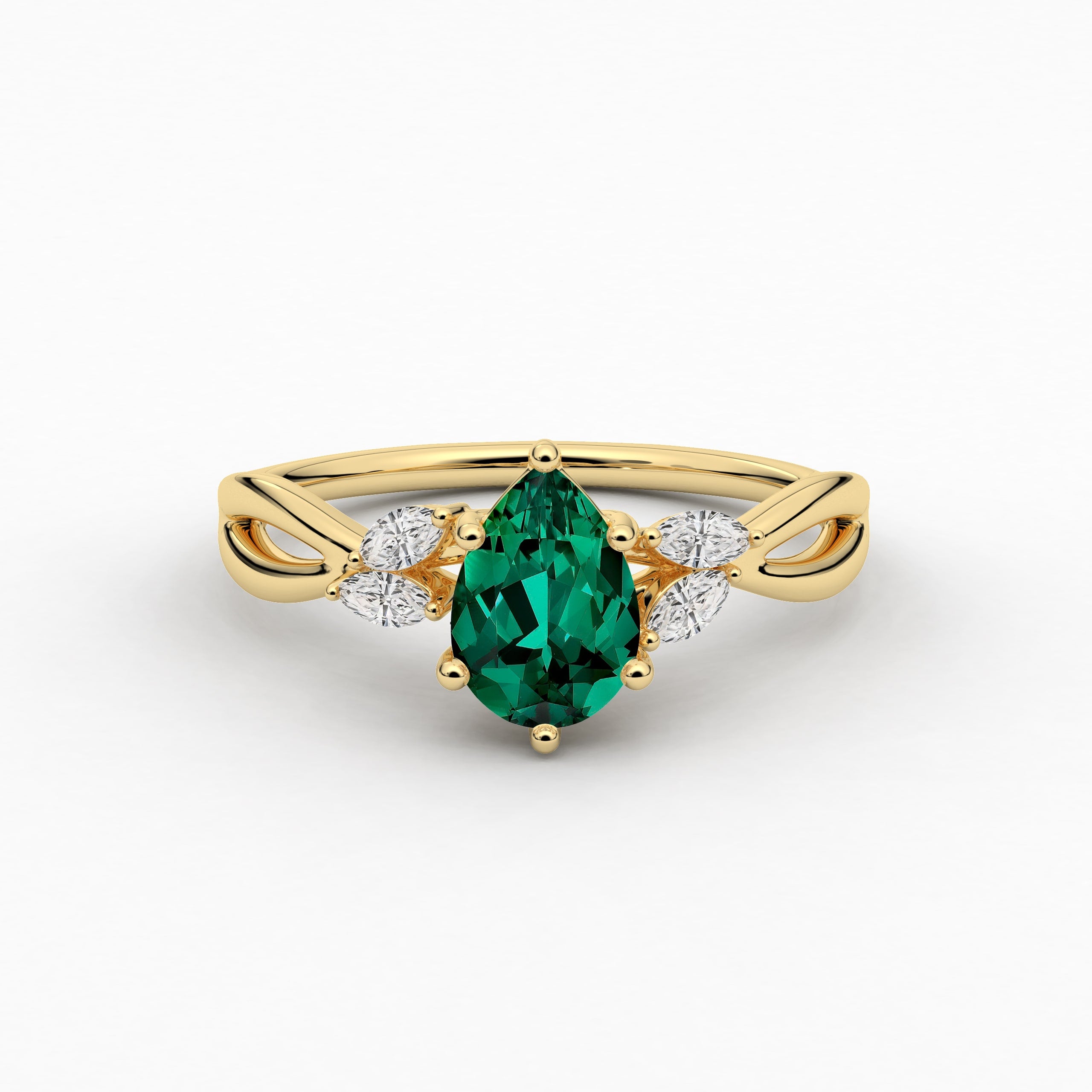 Yellow Gold In Nature Inspired Moissanite Diamond Engagement Ring In Pear Cut Green Emerald 