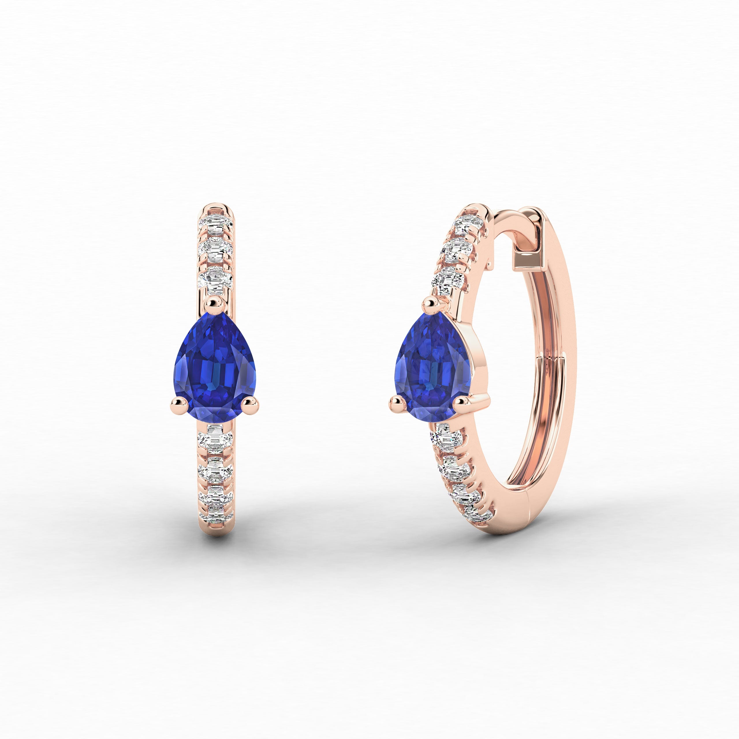 Pear and Blue Sapphire Cut Lab Grown Diamond Engagement Hoop Earring In Rose Gold