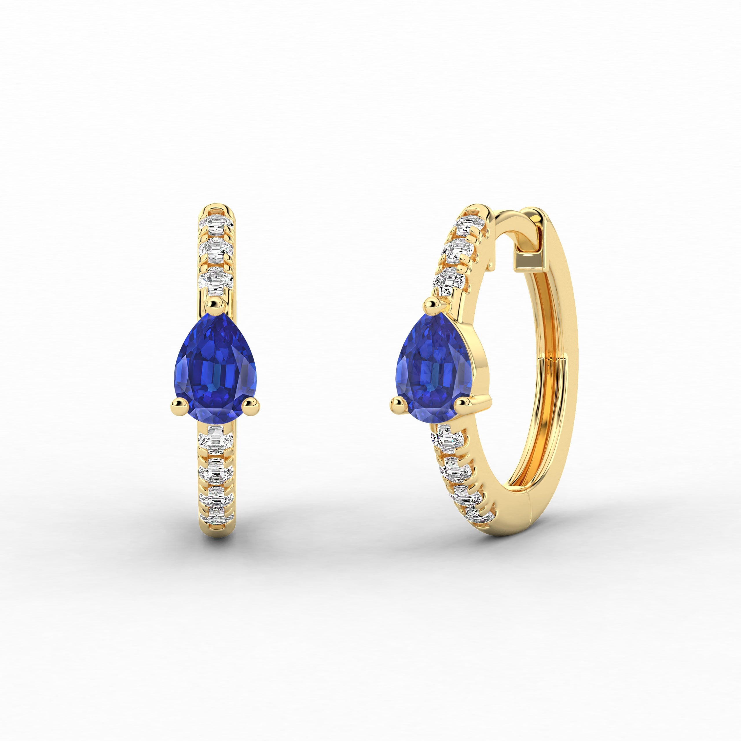Paar And Blue Sapphire Moissanite Diamond Engagement Hoop Earring In Yellow Gold For Woman