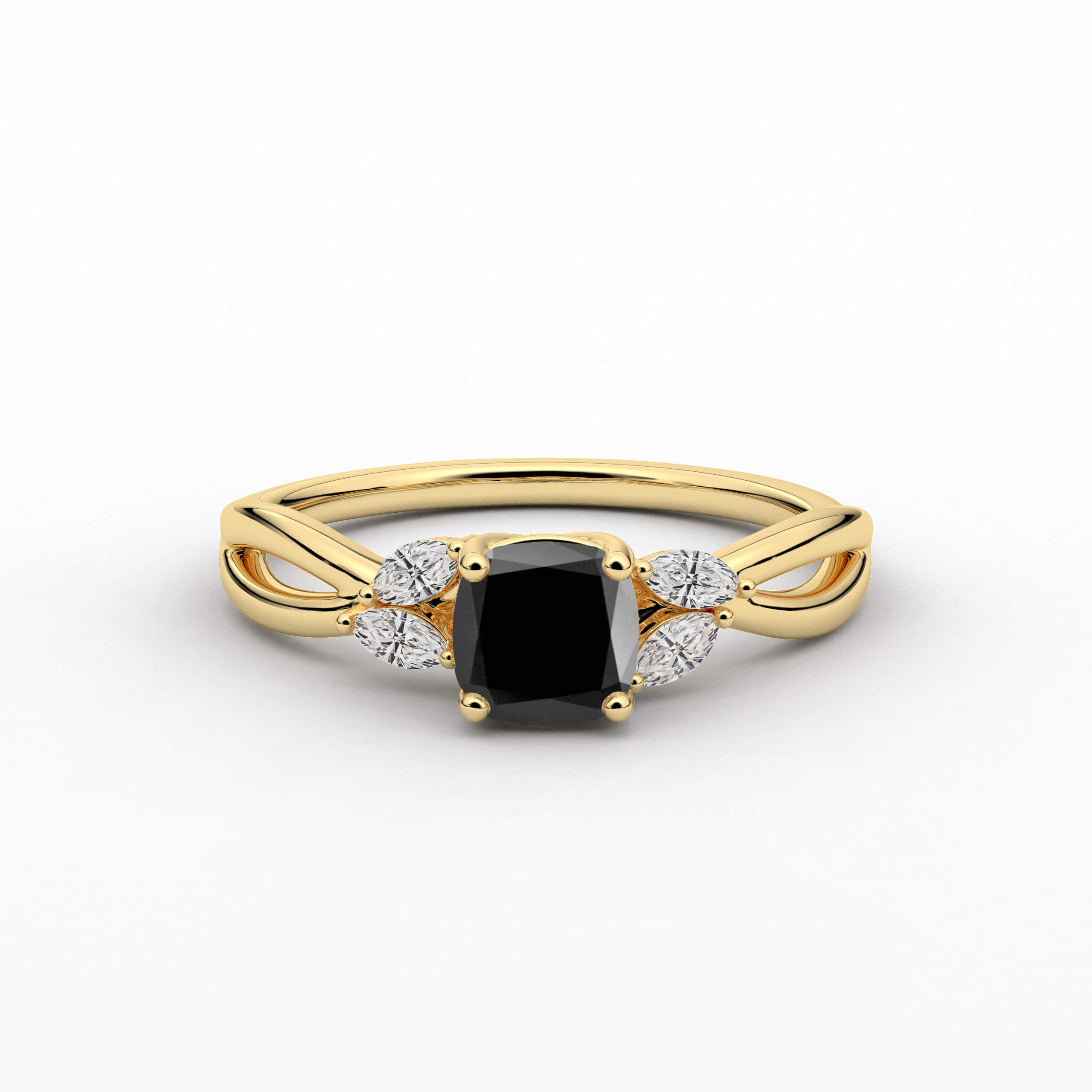 Cushion Cut Black Moissanite Diamond Engagement Ring In Yellow Gold For Woman