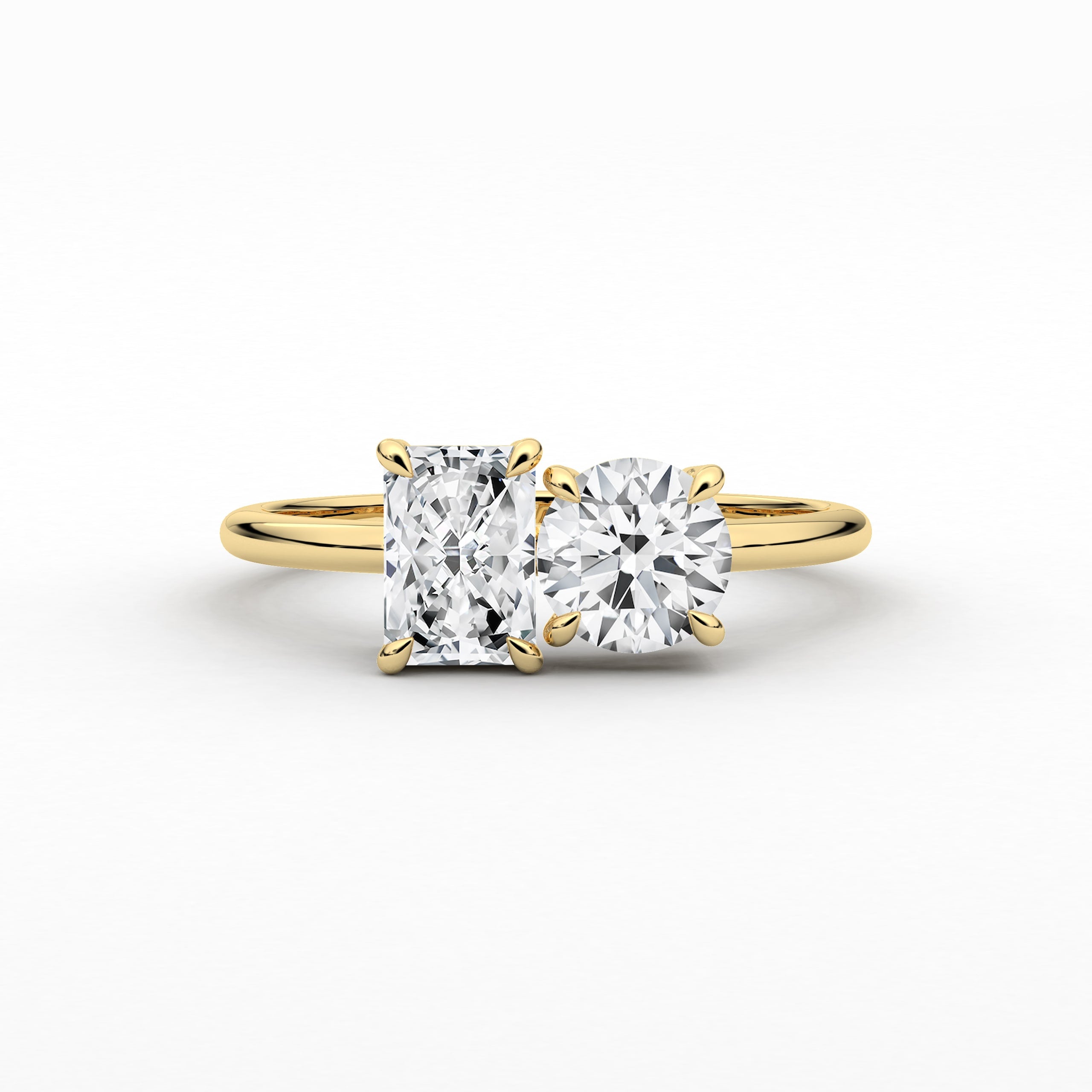 Radiant And Round Cut Moissanite Diamond Toi Et Moi Engagement Ring in Yellow Gold 