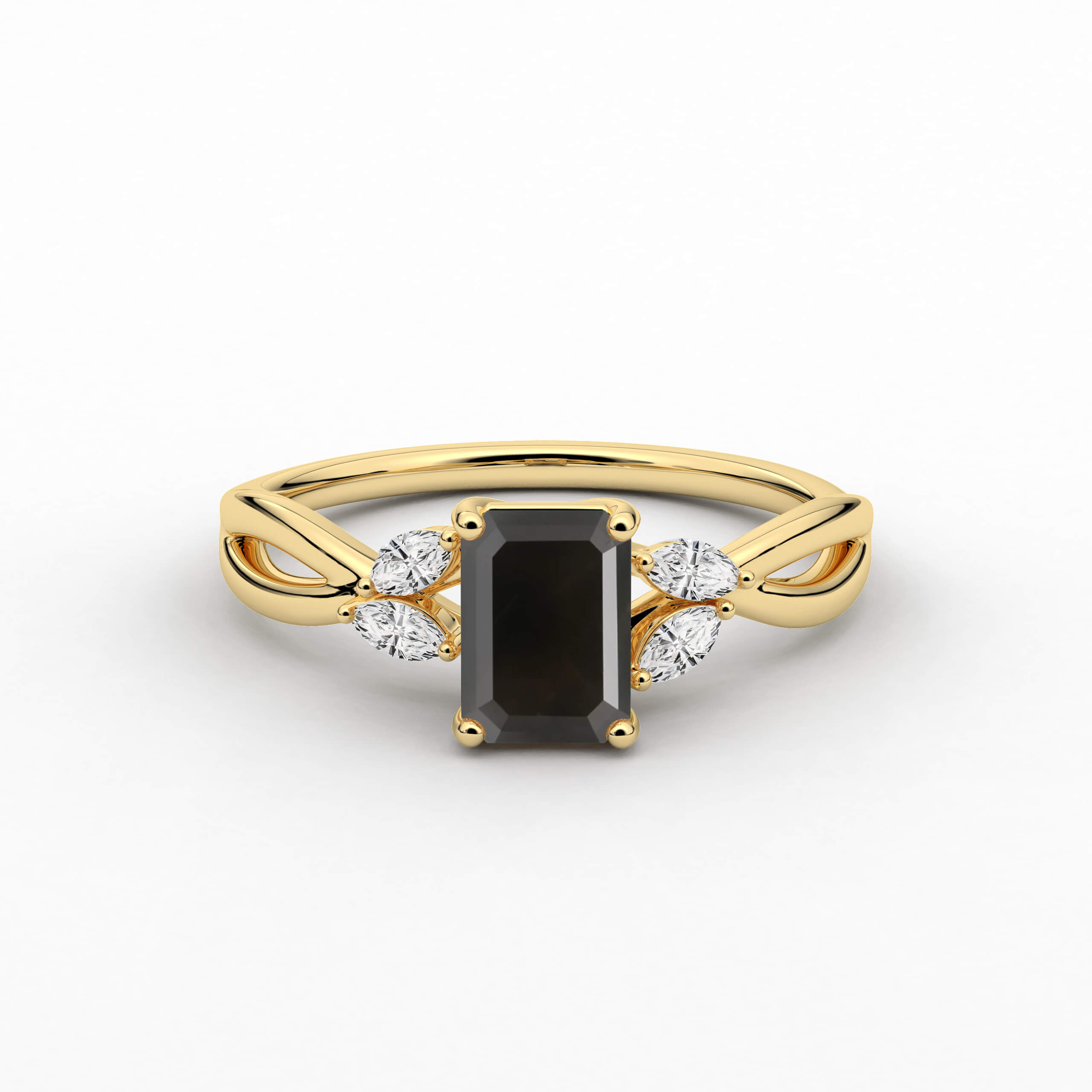  Emerald Cut Black  Moissanite Diamond Engagement Ring In Yellow Gold