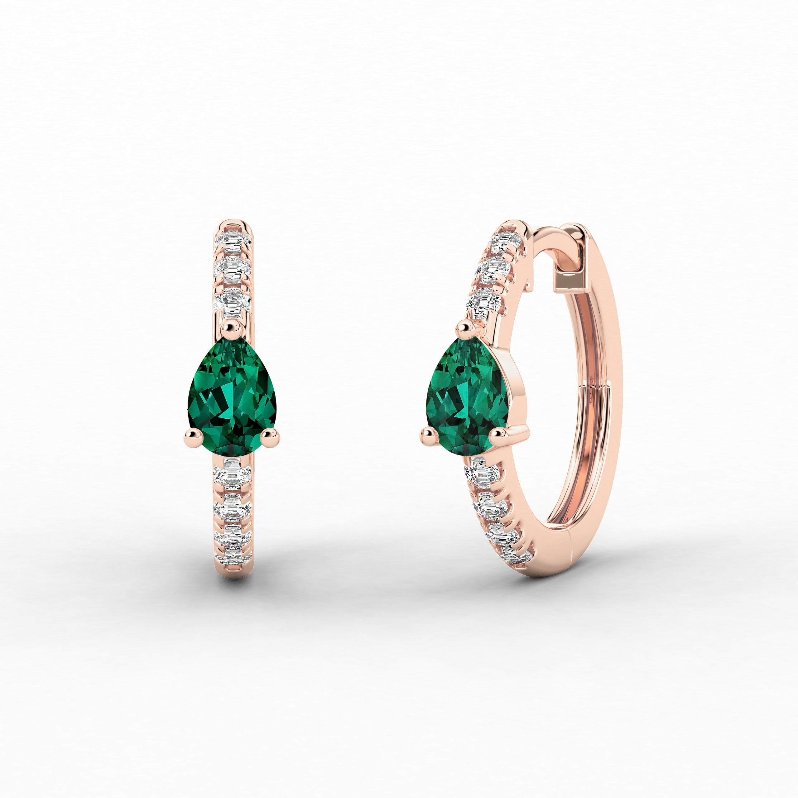 Pear and Green Emerald Cut Lab Grown Diamond Engagement Hoop Earring In Rose Gold 