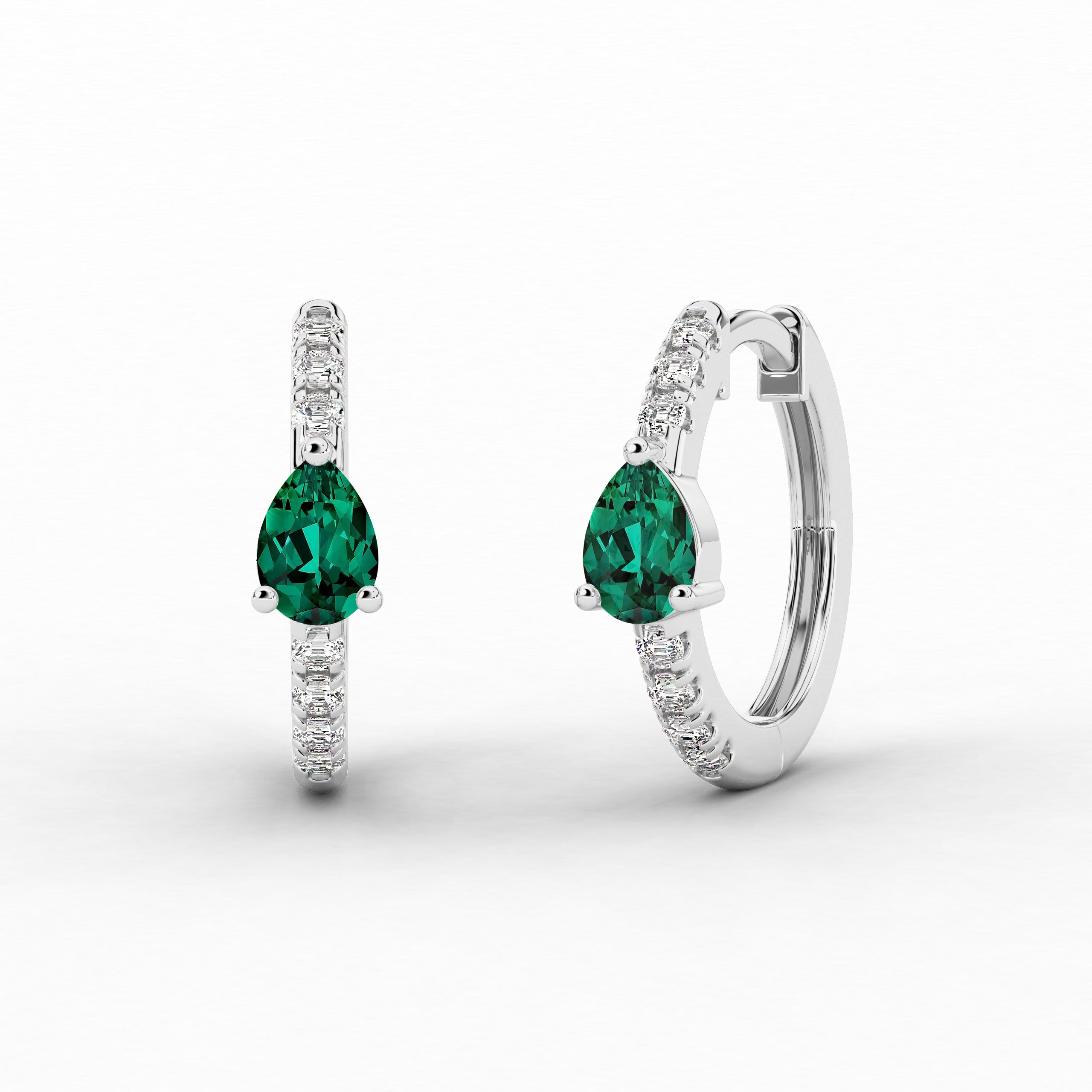 White Gold Hoop Earring In Pear And Green Emerald Cut Moissanite Diamond Wedding Gift For Woman
