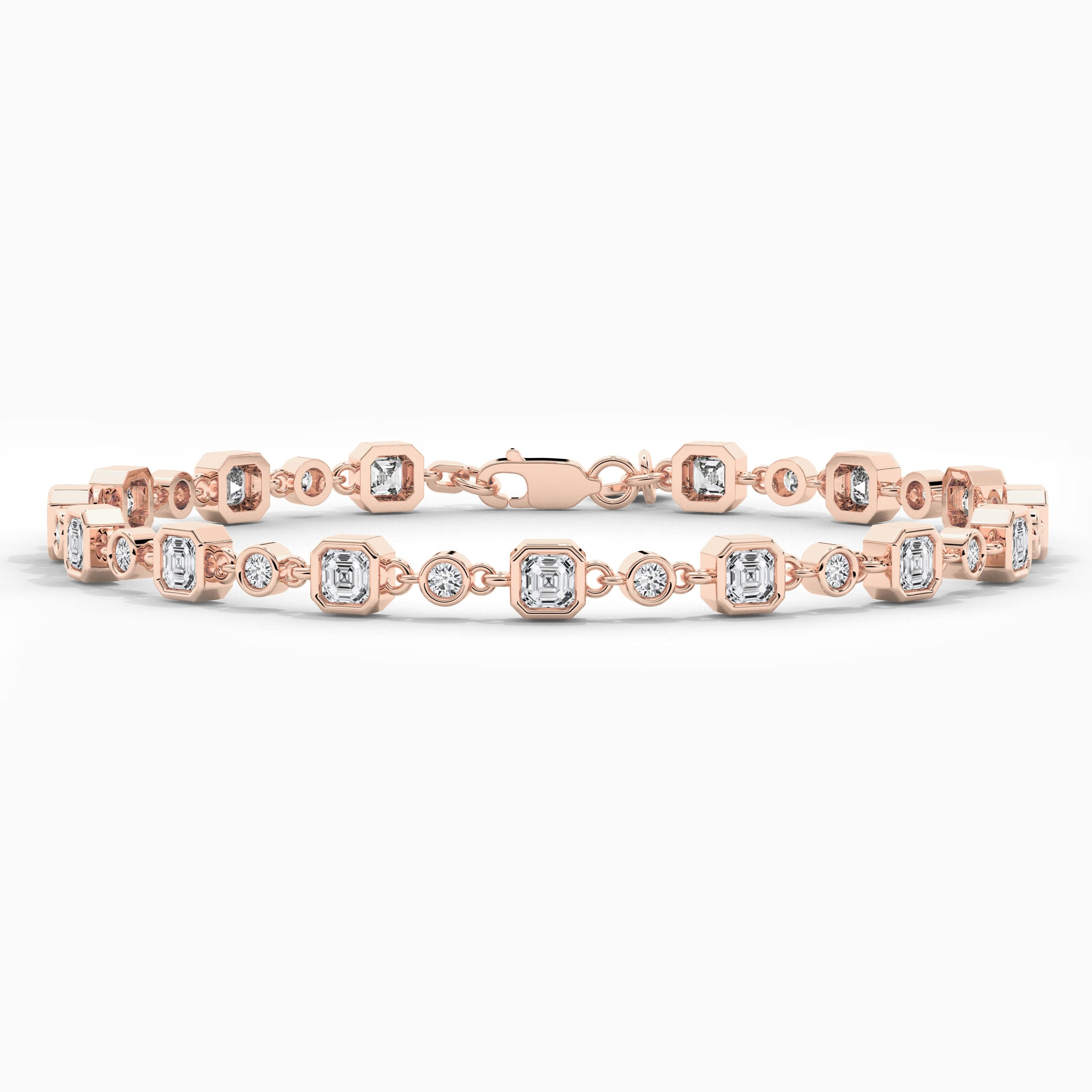 Rose Gold Asscher And  Round Moissanite Diamond Tennis Bracelet 