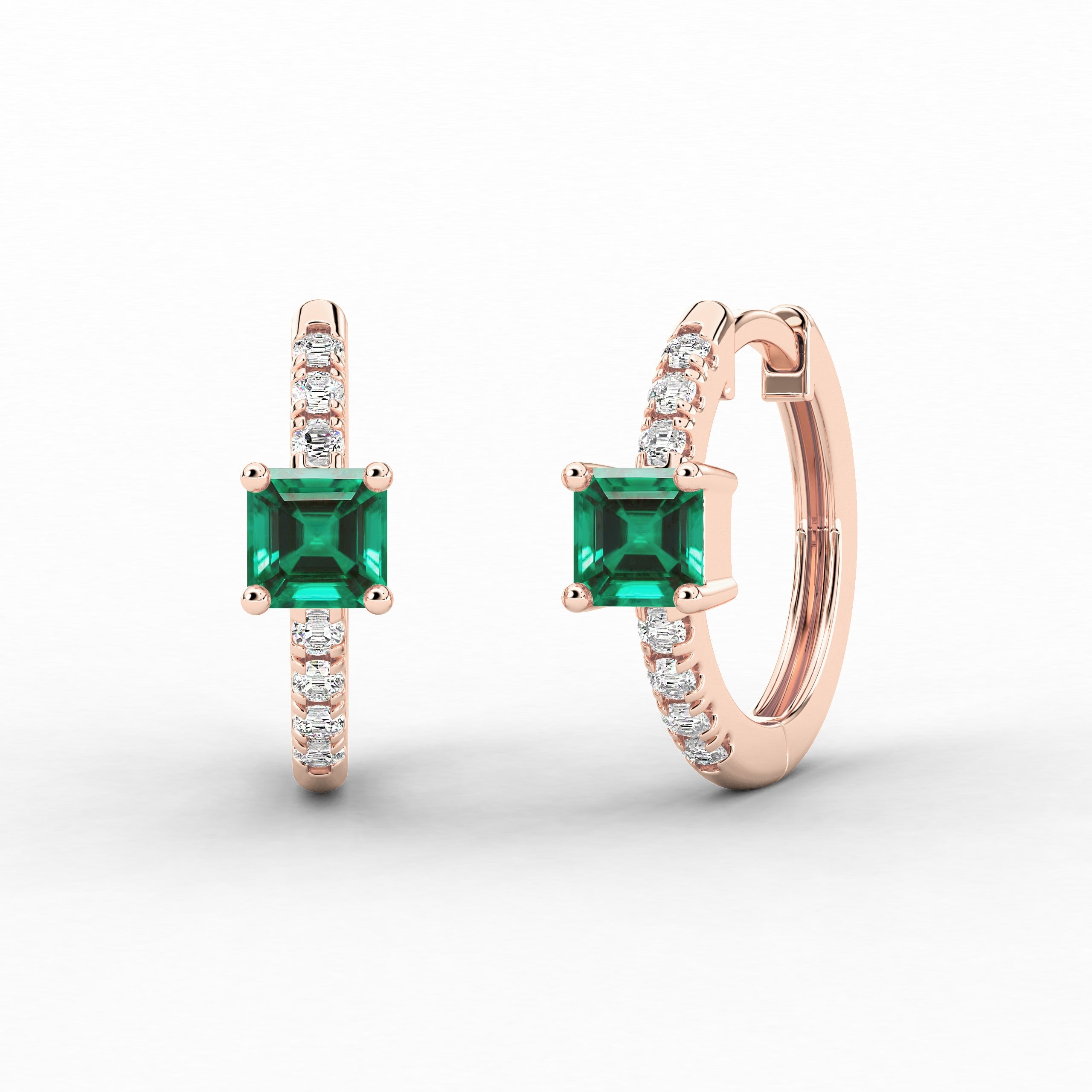 Asscher And Green Emerald Moissanite Diamond Engagement Hoop Earring In Rose Gold 