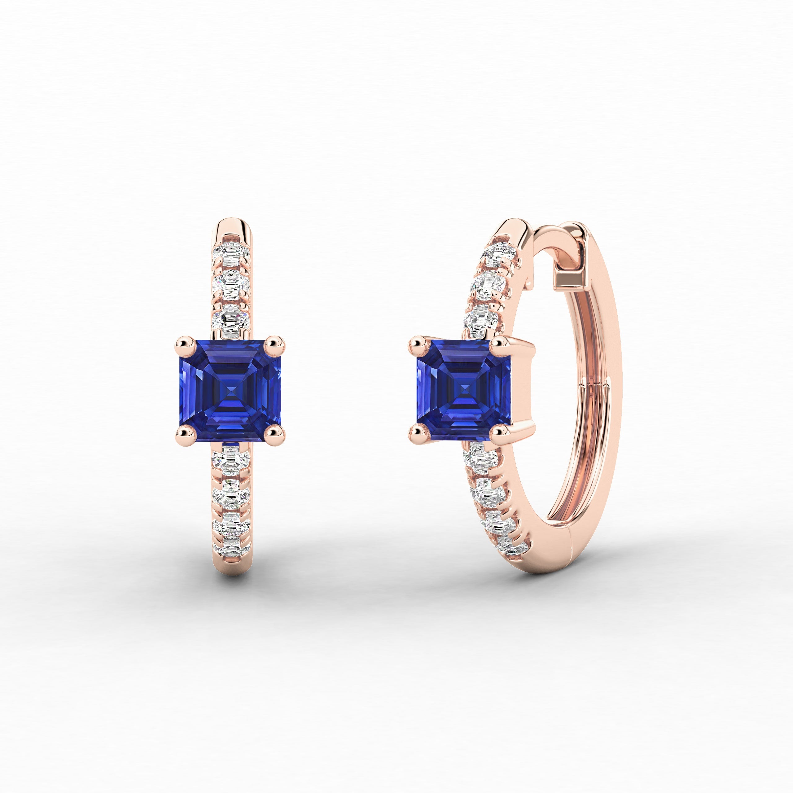 Asscher And Blue Sapphire Moissanite Diamond Engagement Hoop Earring In Rose Gold