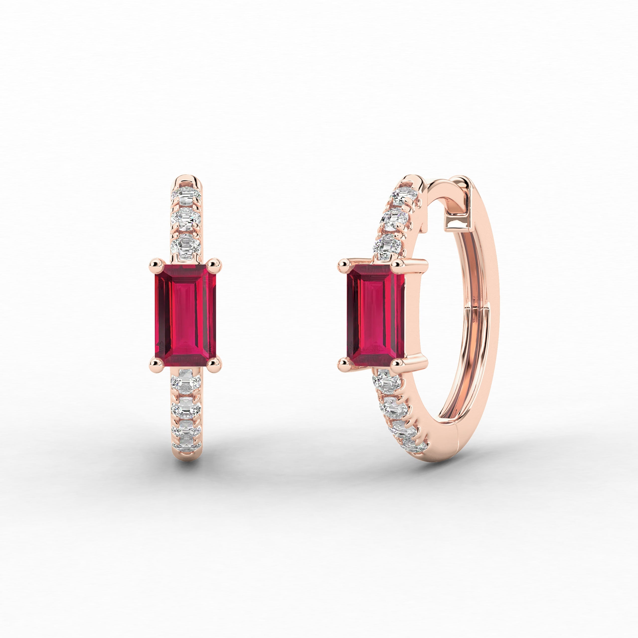 Baguette And Ruby Cut Lab Grown Diamond Wedding Hoop Earring In Rose Gold For Woman