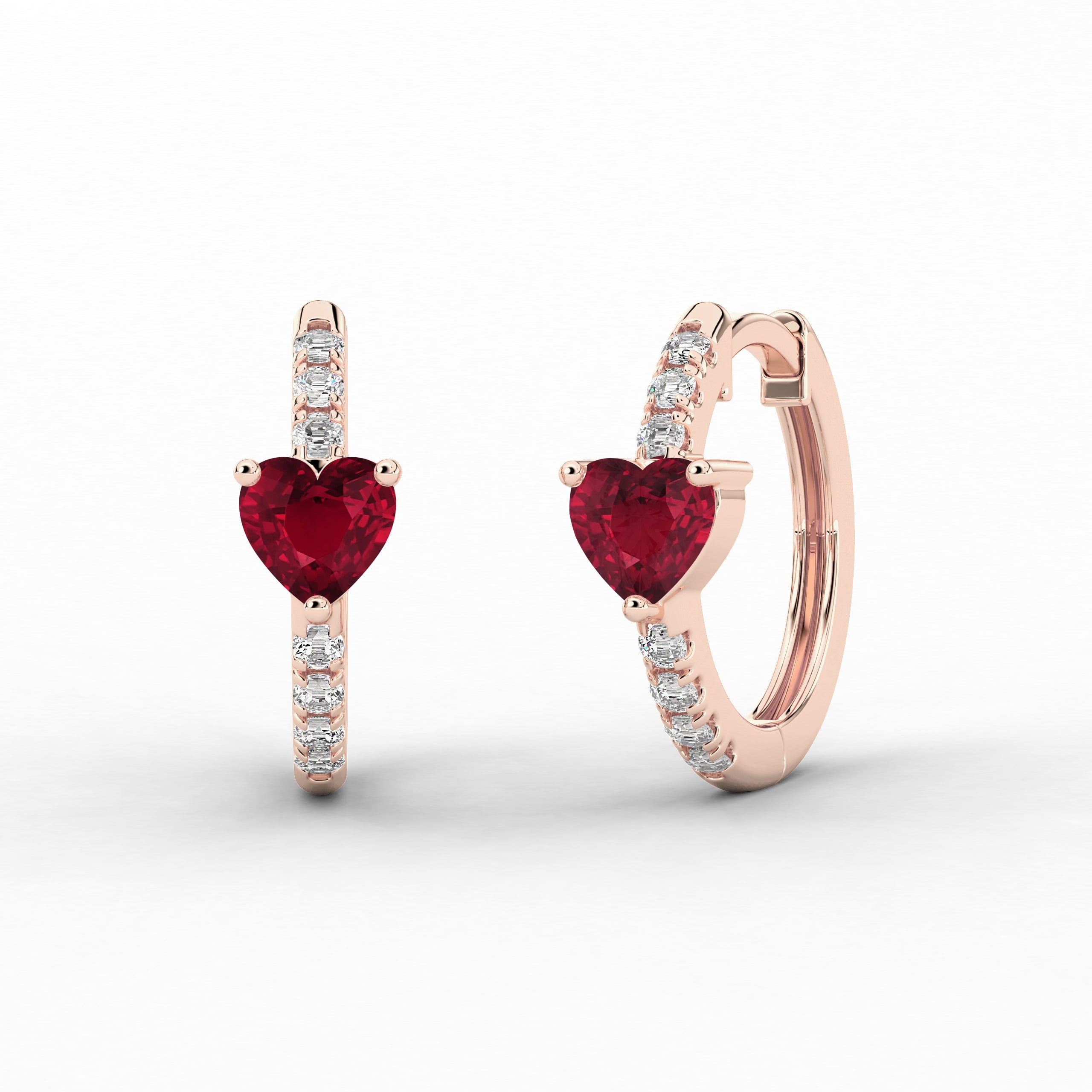 Rose Gold Hoop Earring In Ruby  And Heart Shape Diamond For Woman