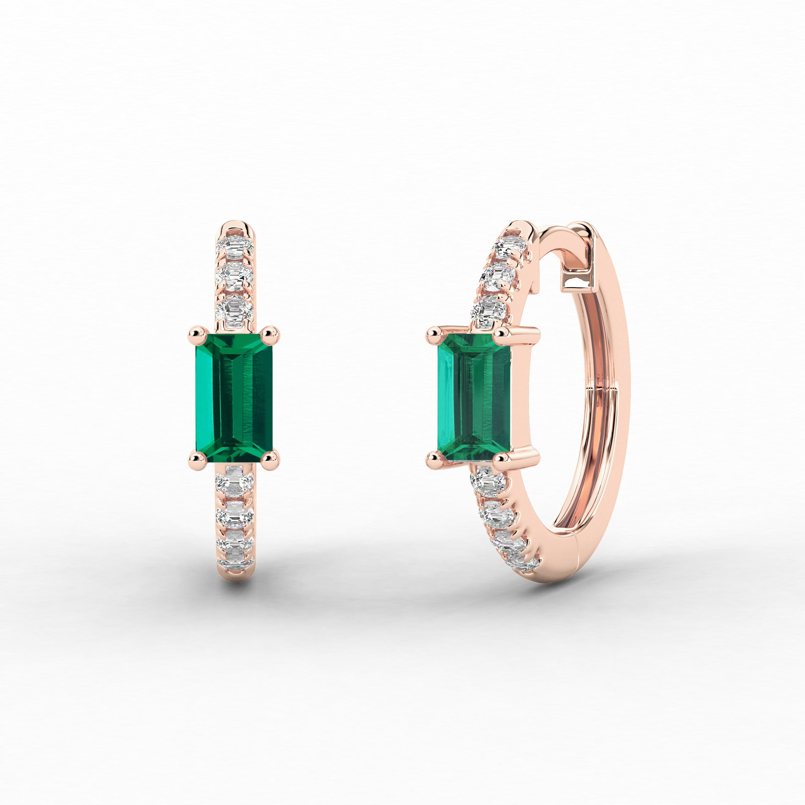 Baguette And Green Emerald Moissanite Diamond Engagement Hoop Earring In Rose Gold 