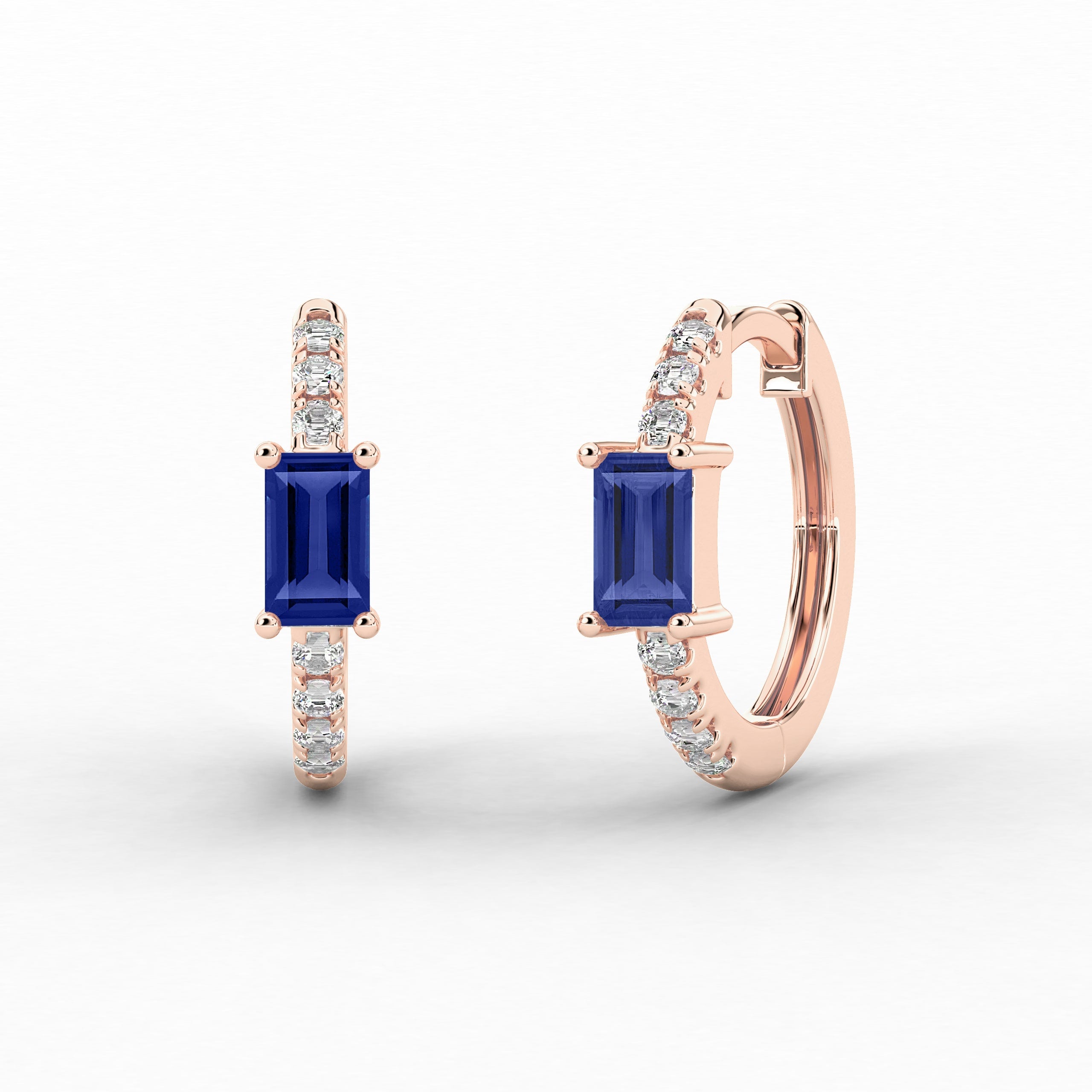 Baguette And Blue Sapphire Moissanite Diamond Engagement Hoop Earring In Rose Gold