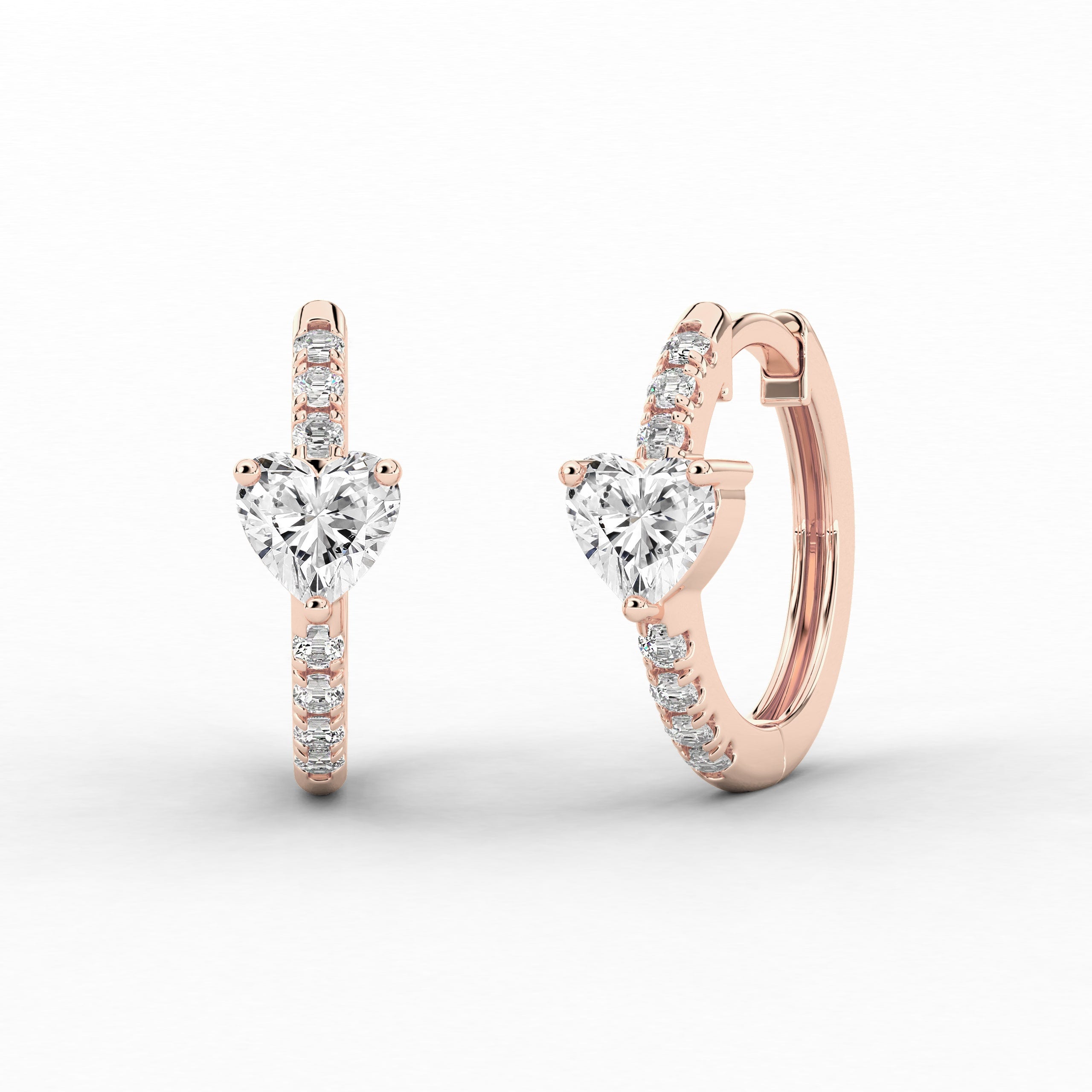 Rose Gold Heart Cut Diamond In Side Stones Round Hoops