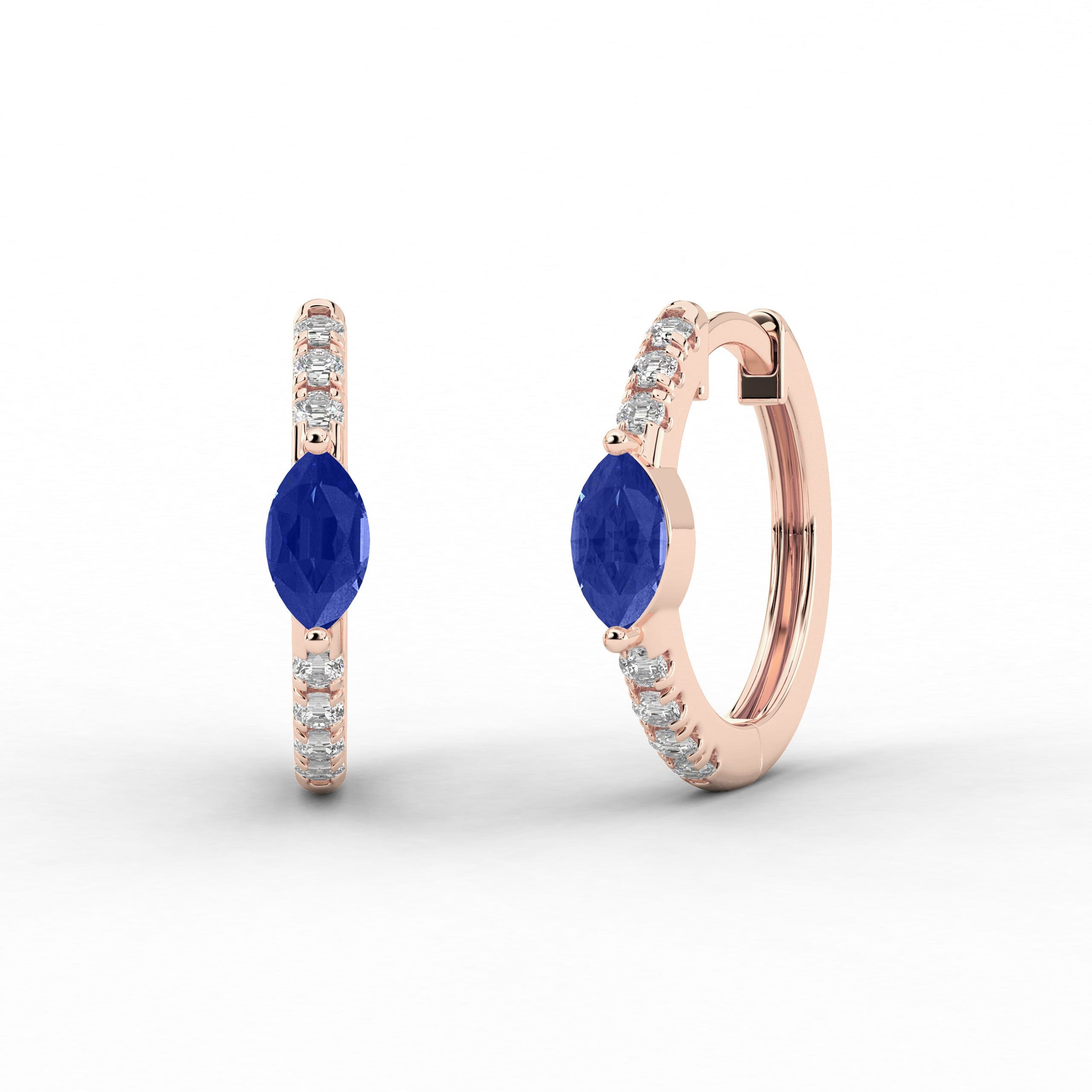 Rose Gold Hoop Earring Marquise And Blue Sapphire Moissanite Diamond