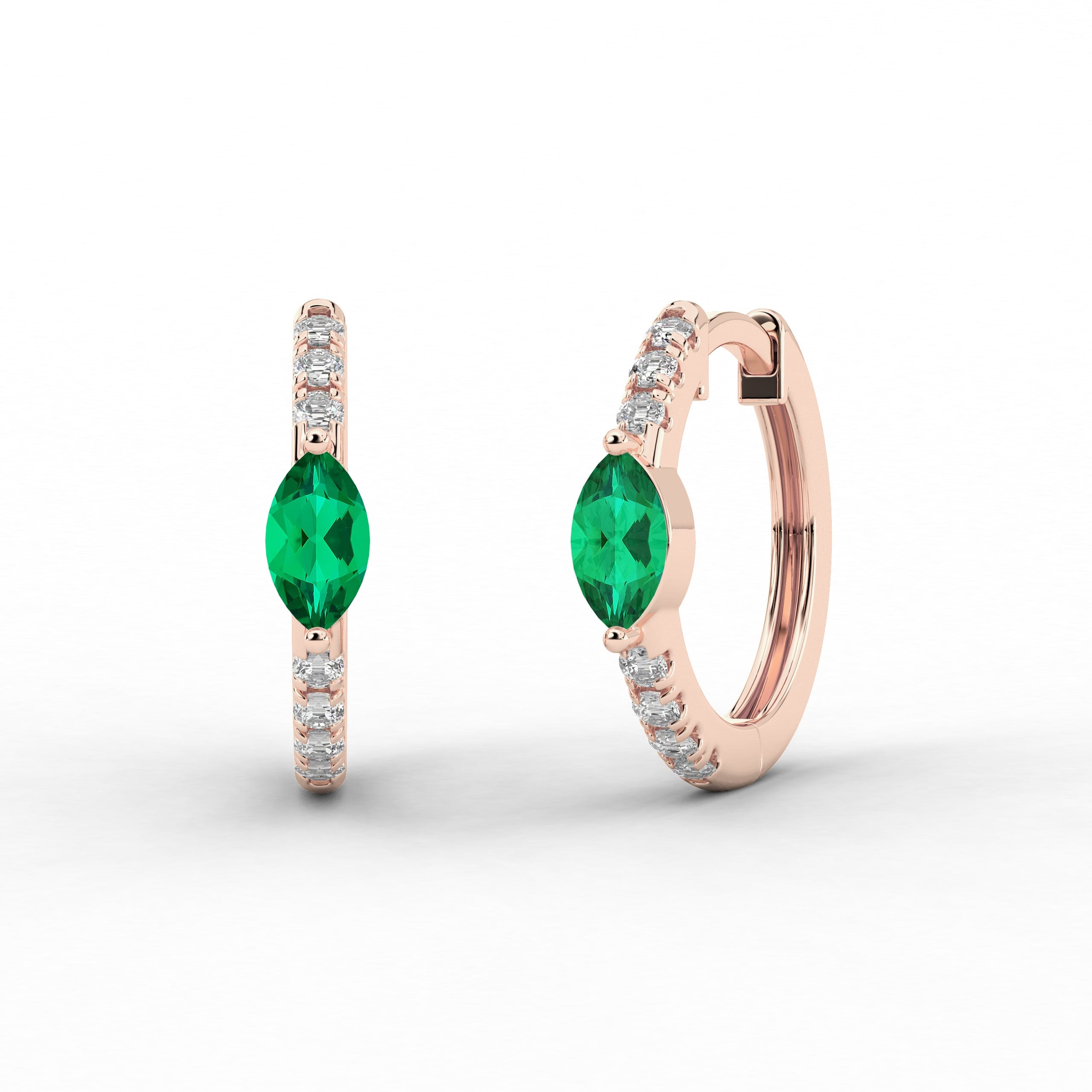 Rose Gold Hoop Earring Marquise And Green Emerald Moissanite Diamond 