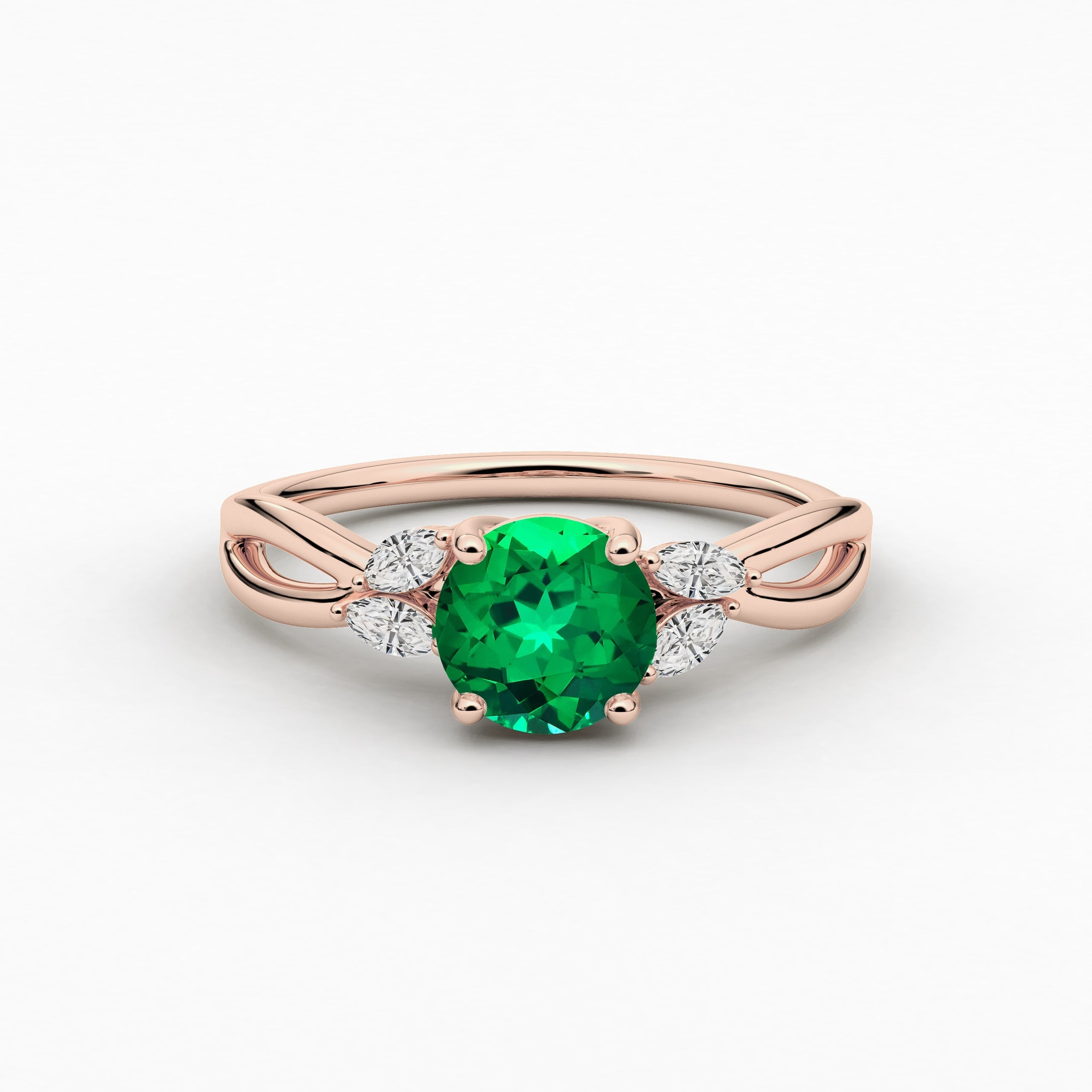 Nature Inspired Moissanite Engagement Ring In Round  Cut Green Emerald In Rose Gold