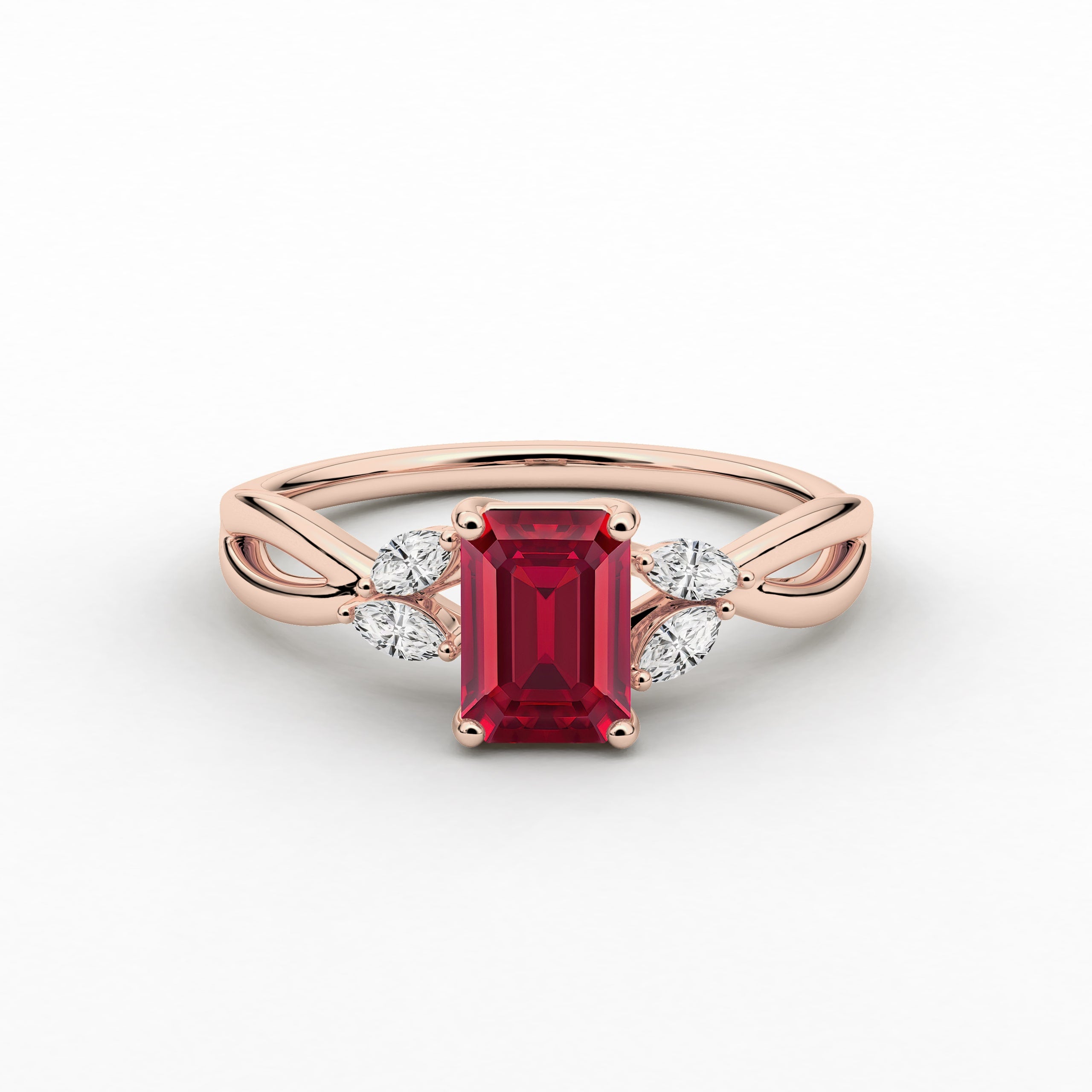 Emerald Cut Ruby moissanite Diamond Engagement Ring In Nature Inspired In Rose Gold 