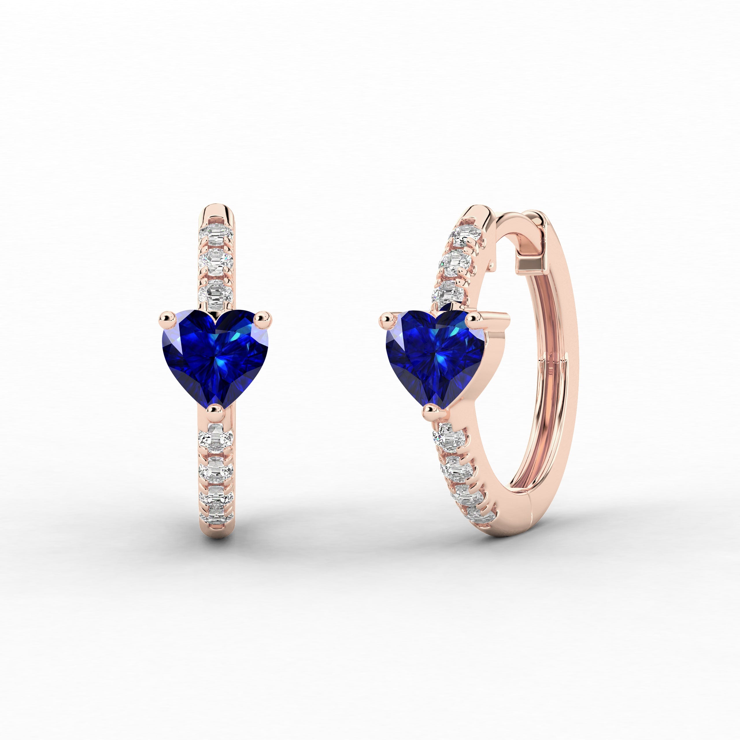 Rose Gold Hoop Earring In Blue Sapphire And Heart Shape Diamond For Woman