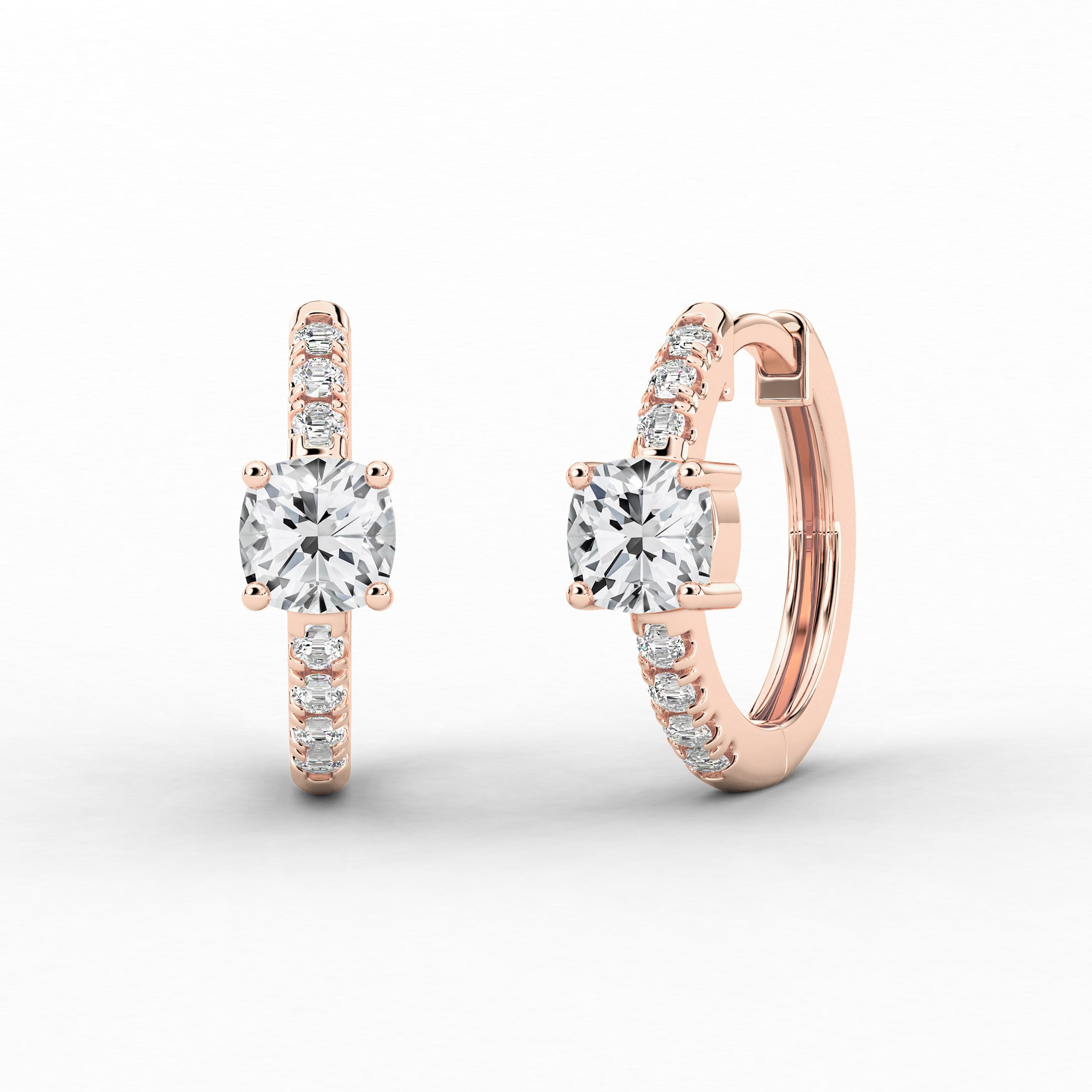 Cushion Cut Diamond With Side Stones In Engagement Hoop Earring In Rose Gold