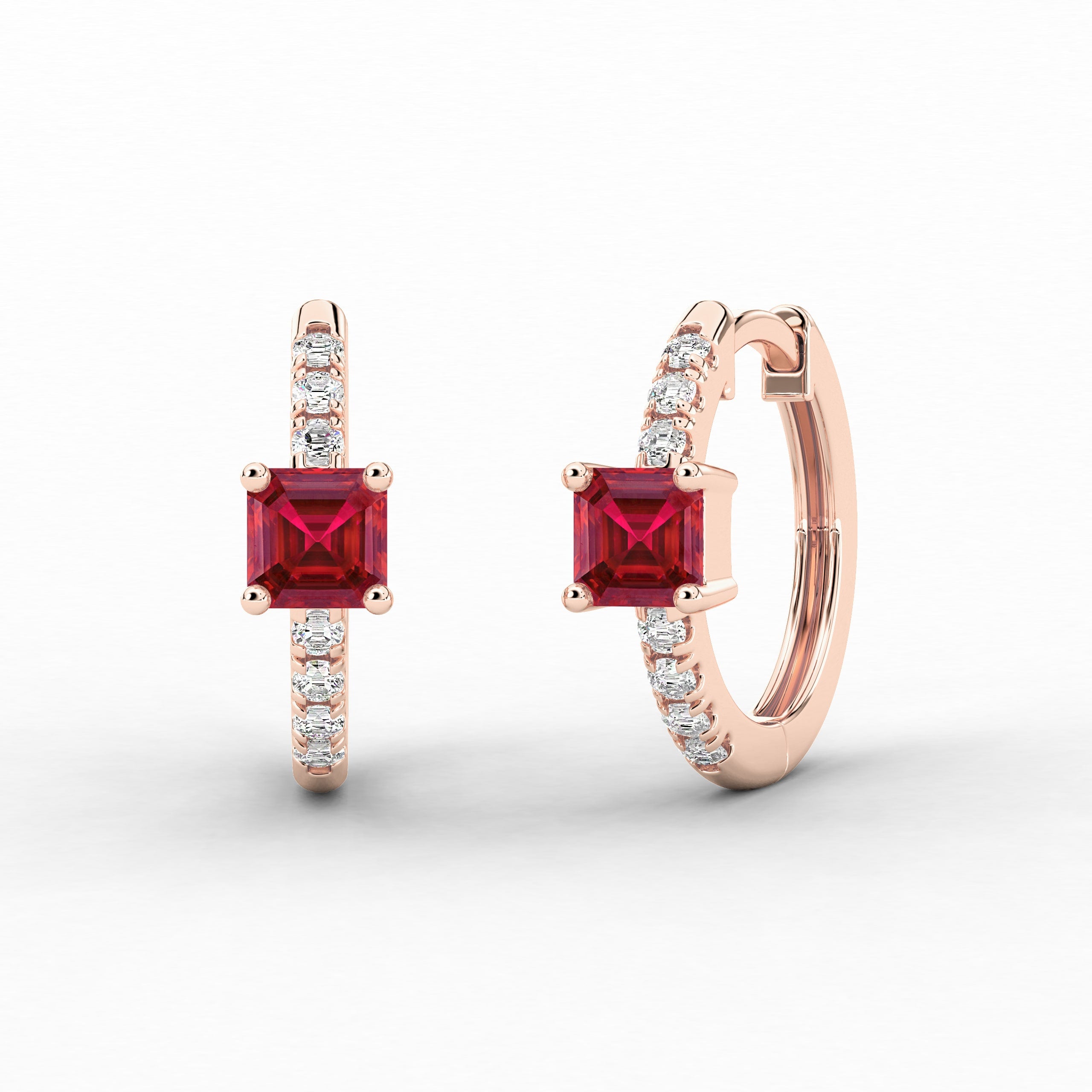 Rose Gold Pear And Ruby Cut Moissanite Diamond Engagement Hoop Earring