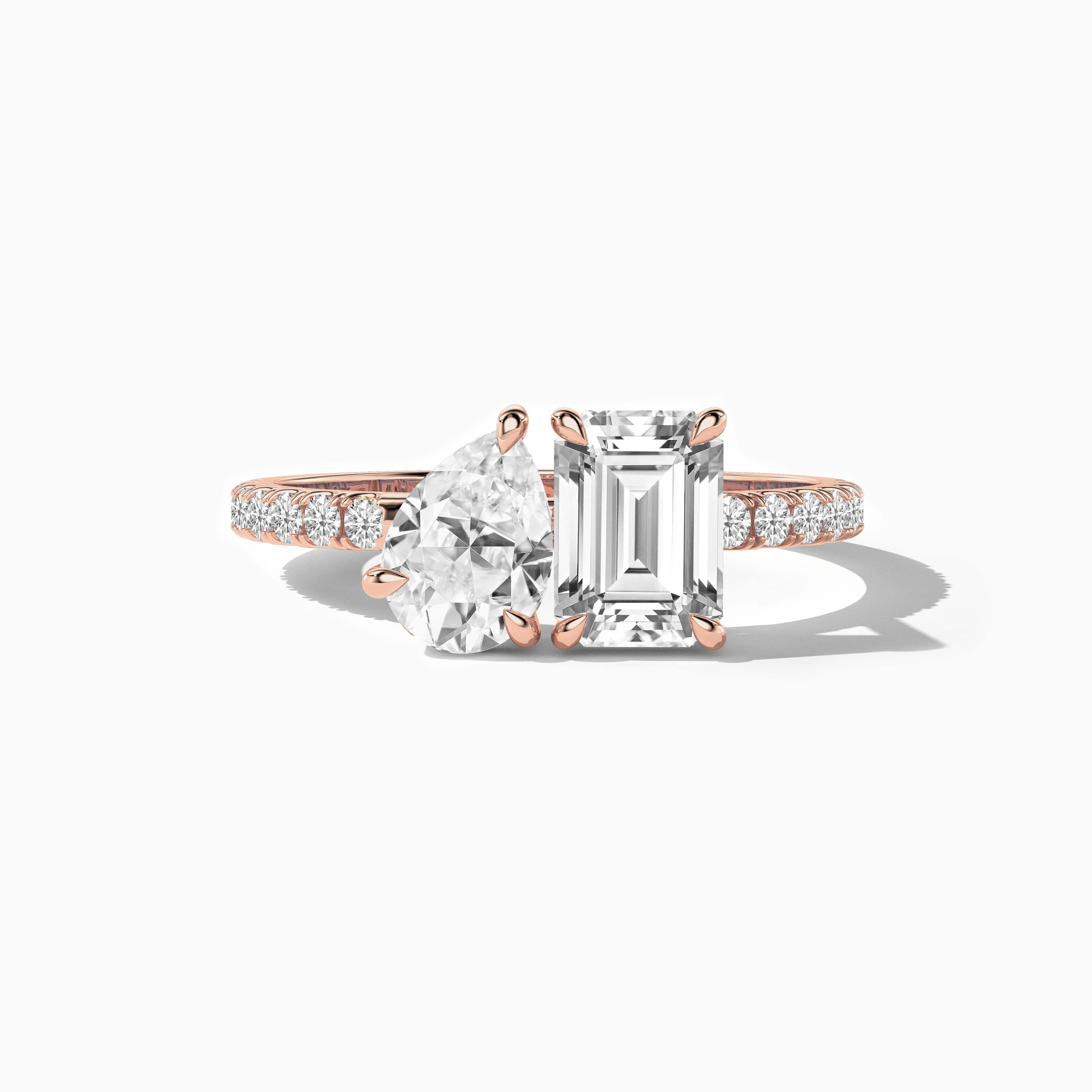 Pear And Emerald Cut Diamond Toi Et Moi Moissanite Engagement Ring In Rose Gold