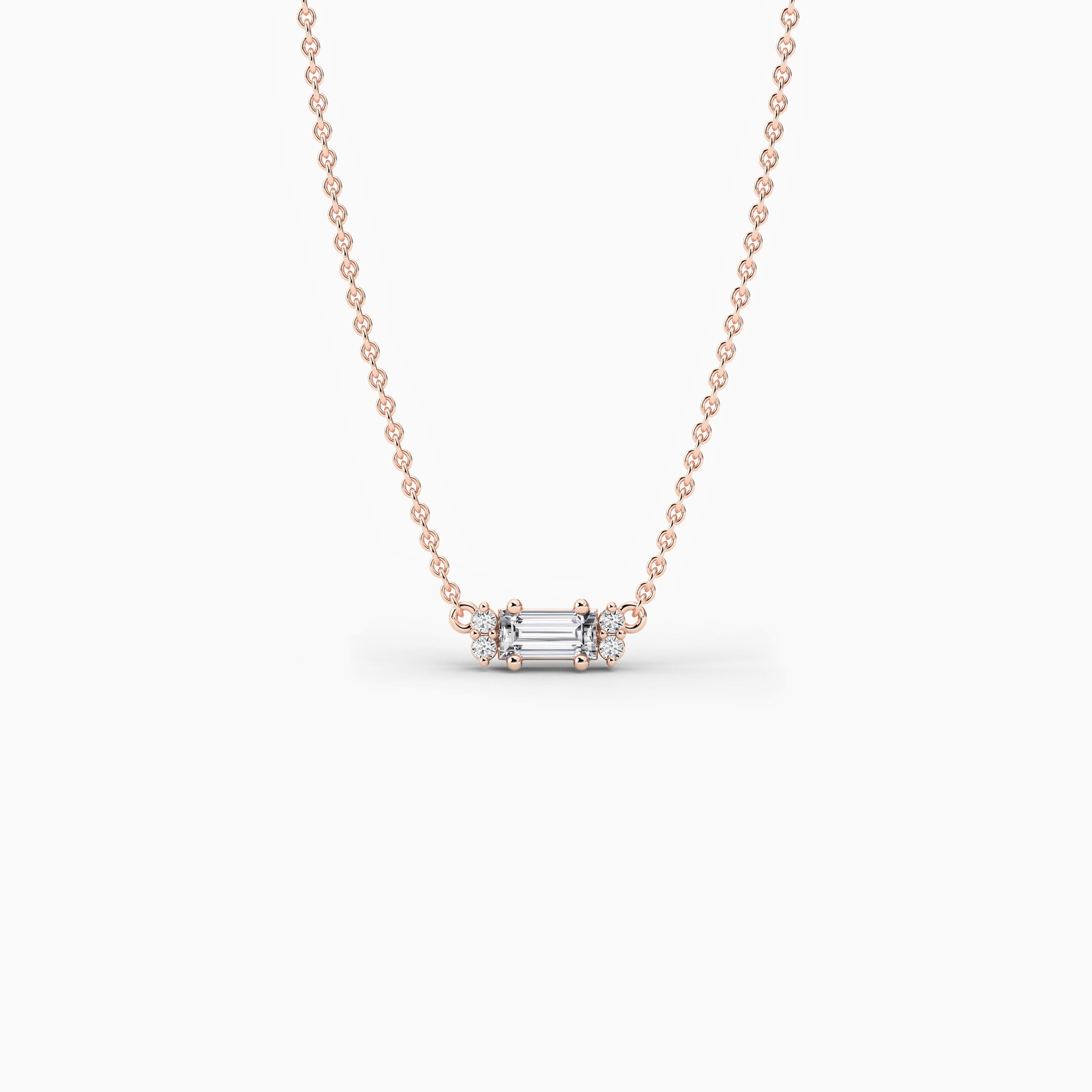 Rose Gold baguette and round diamond pendant necklace 