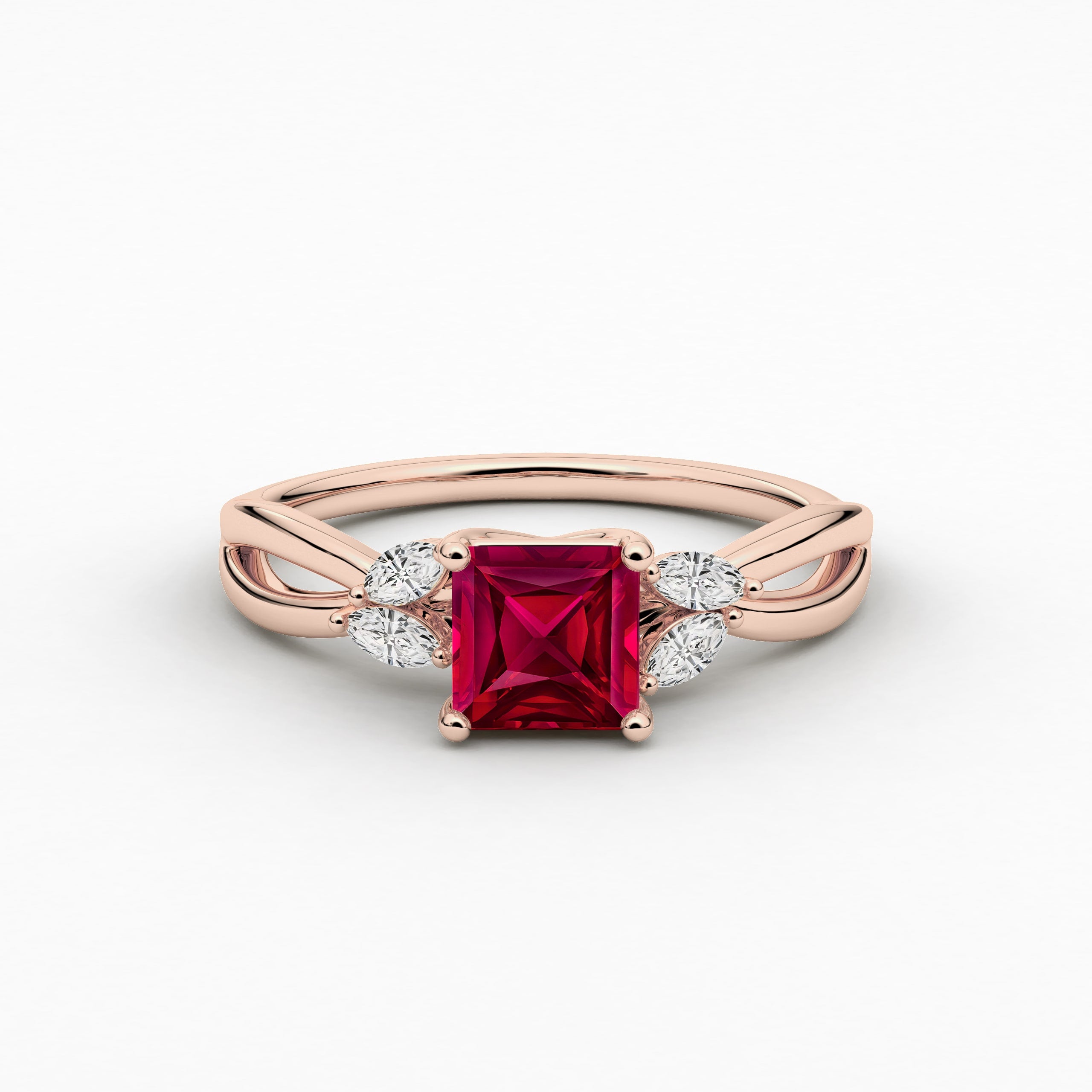 Nature Inspired Wedding Ring In Asscher Cut Ruby In Rose Gold