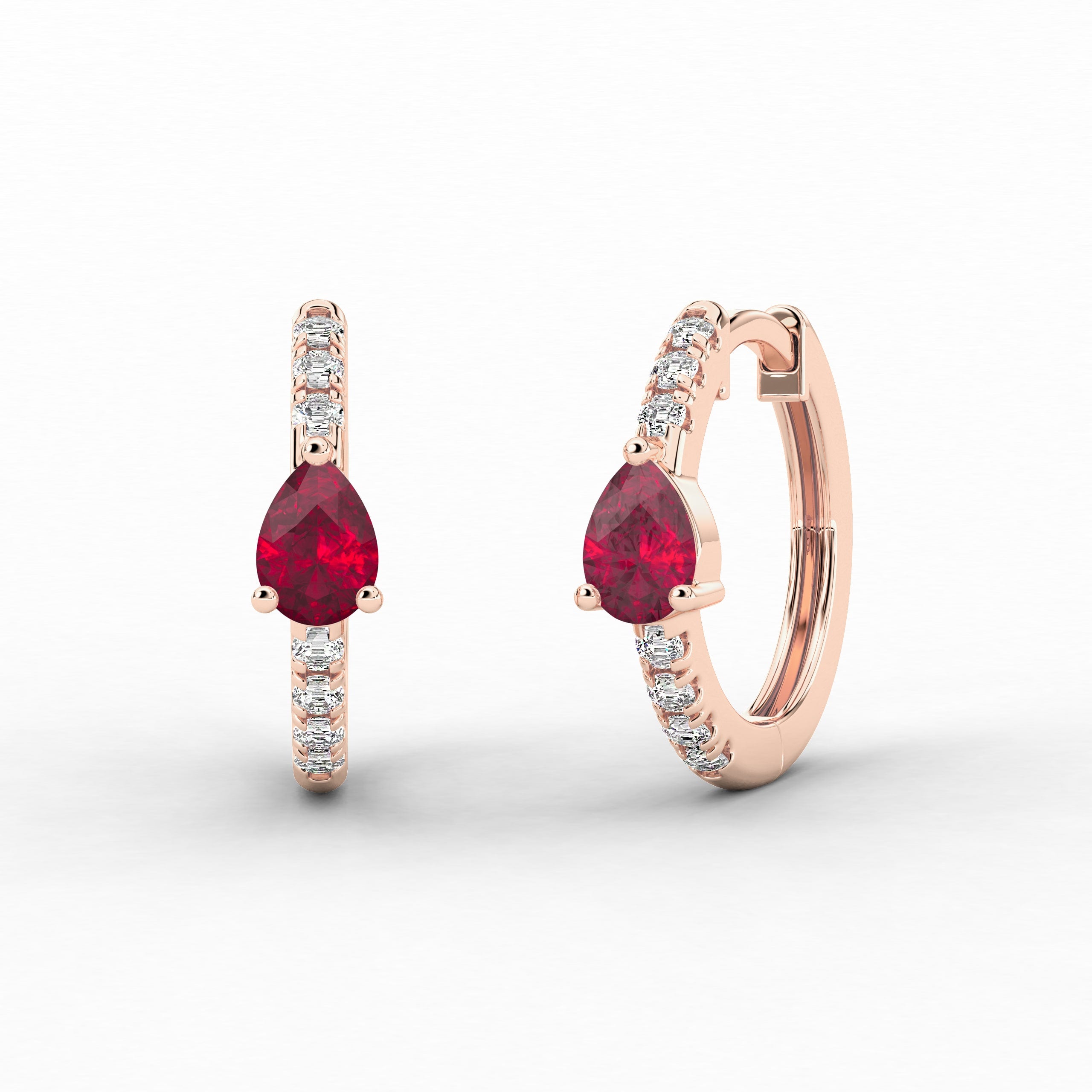 Rose Gold Hoop Earring In Pear And Ruby Cut Moissanite Diamond In Rose Gold