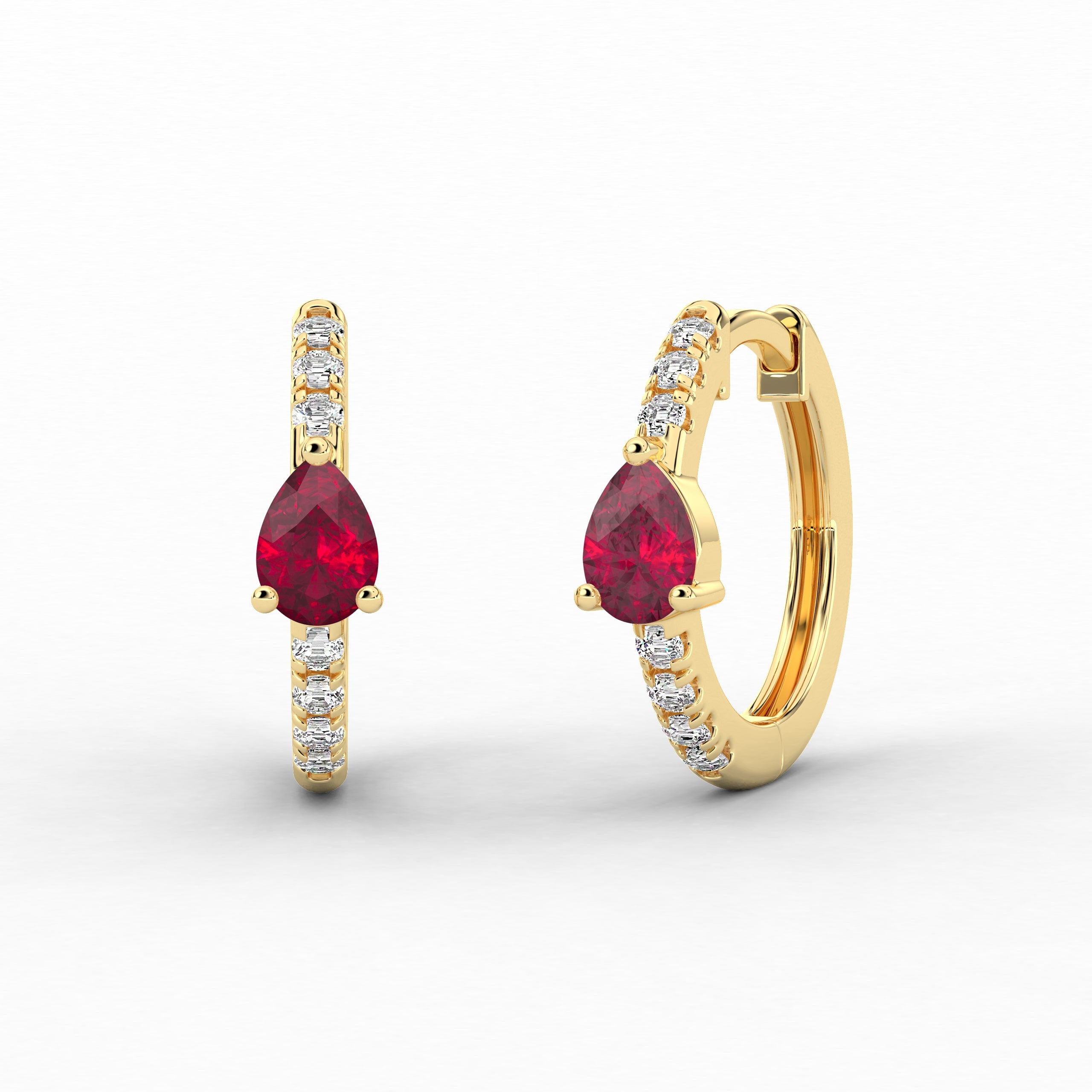 Pear And Ruby Cut Diamond Engagement Hoop earring In Yellow Gold 