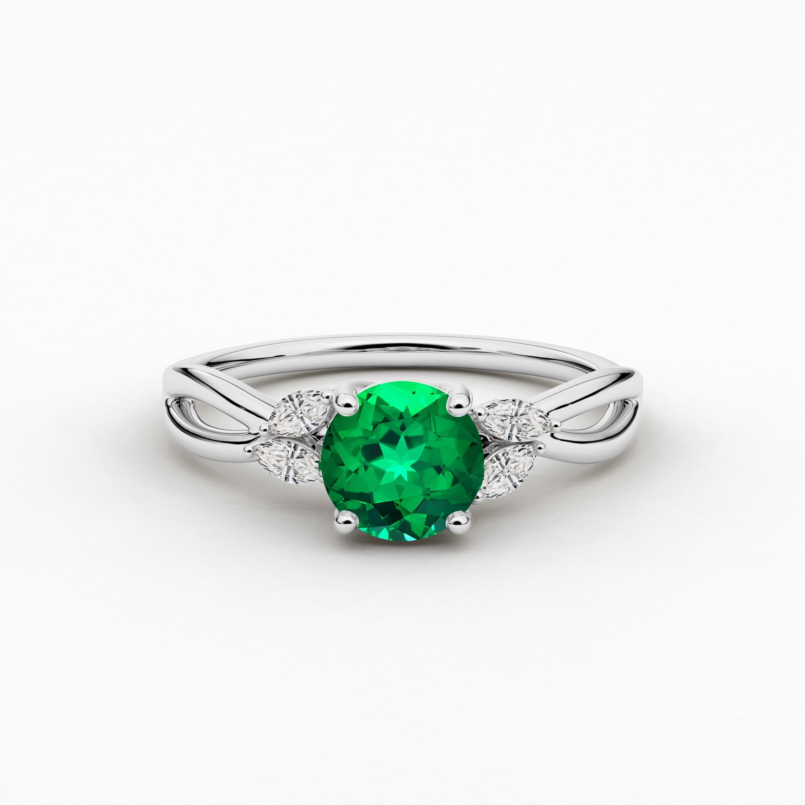 Round Cut Green Emerald Lab Grown Diamond Engagement Ring In White Gold