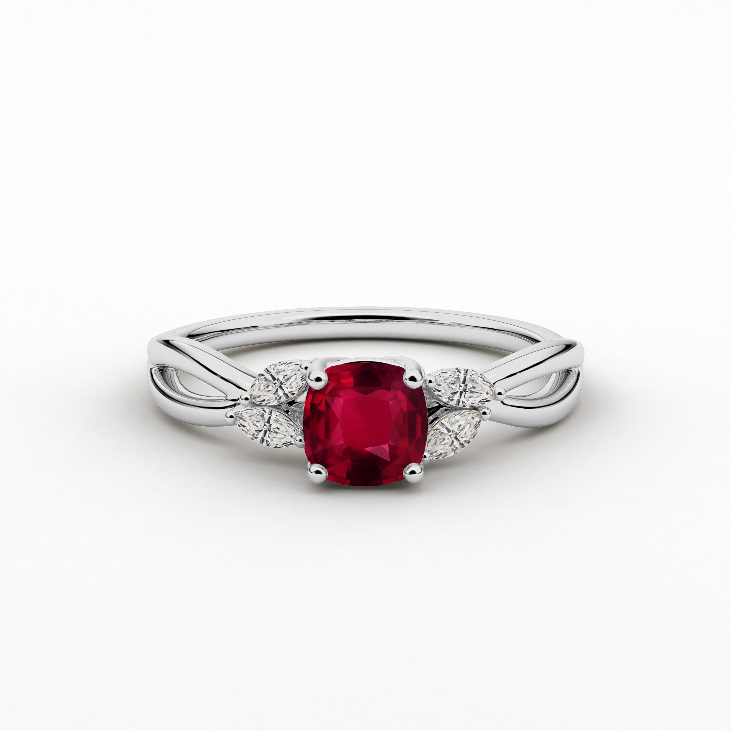 Cushion Cut Ruby Moissanite Diamond Engagement Ring In Nature Inspired Ring In White Gold 